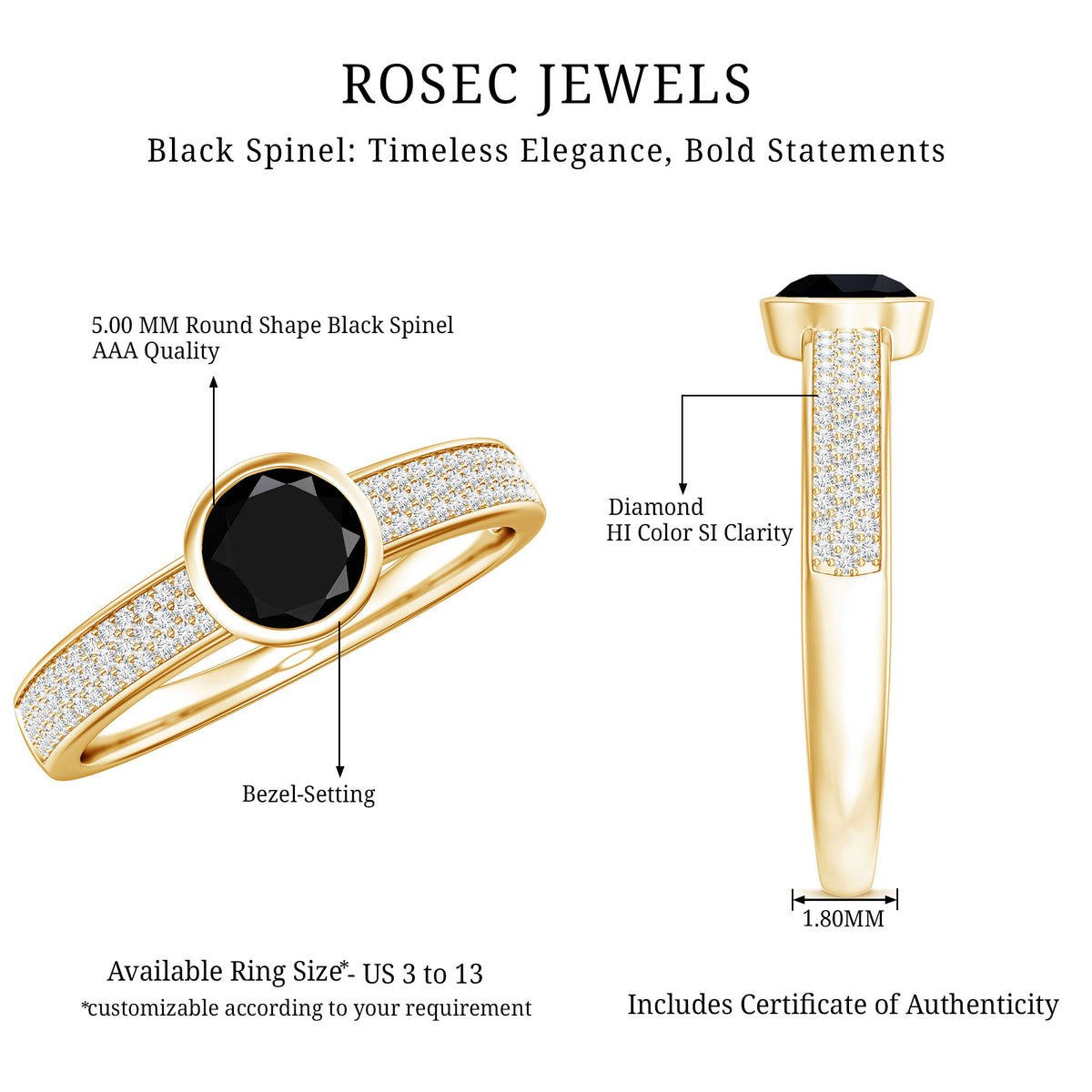 Natural Black Spinel Bezel Set Engagement Ring with Diamond Side Stones AAA - Rosec Jewels
