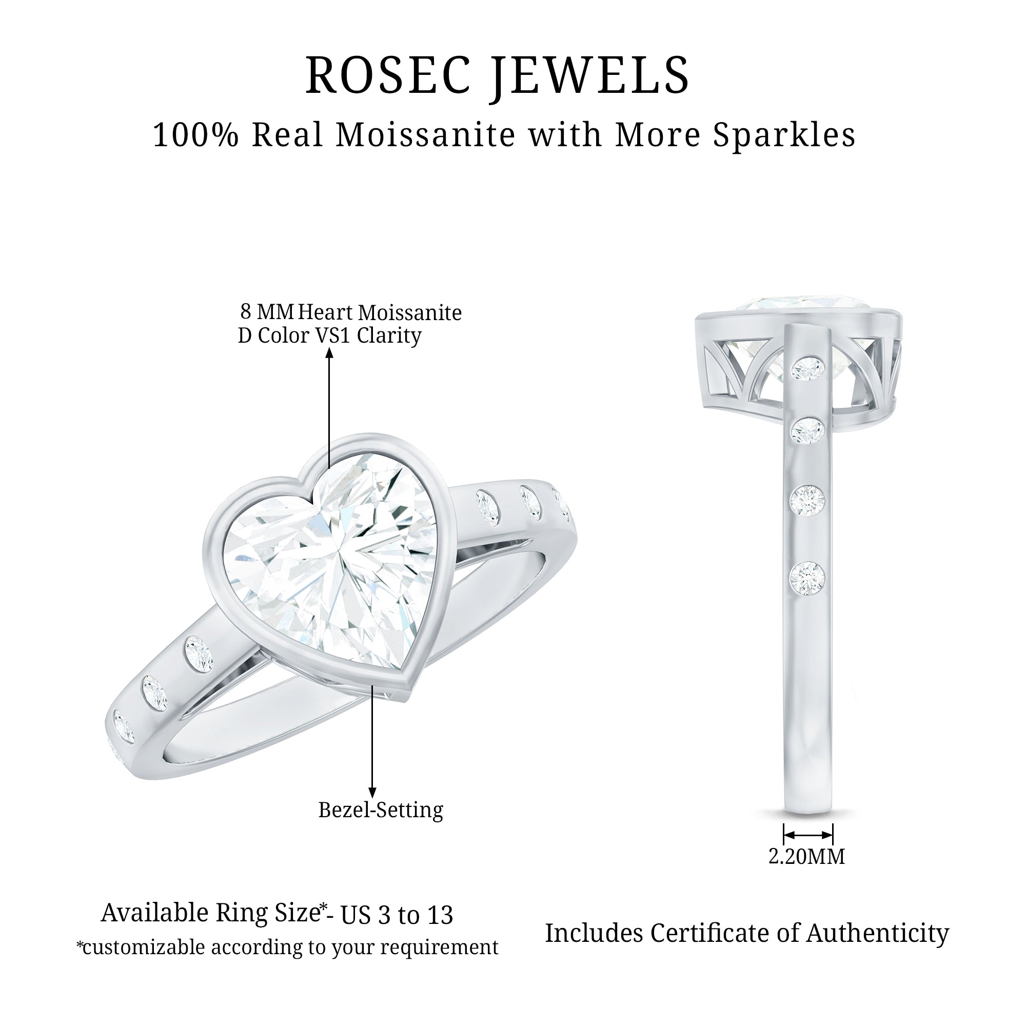 Heart Shape Moissanite Bezel Set Engagement Ring D-VS1 - Rosec Jewels