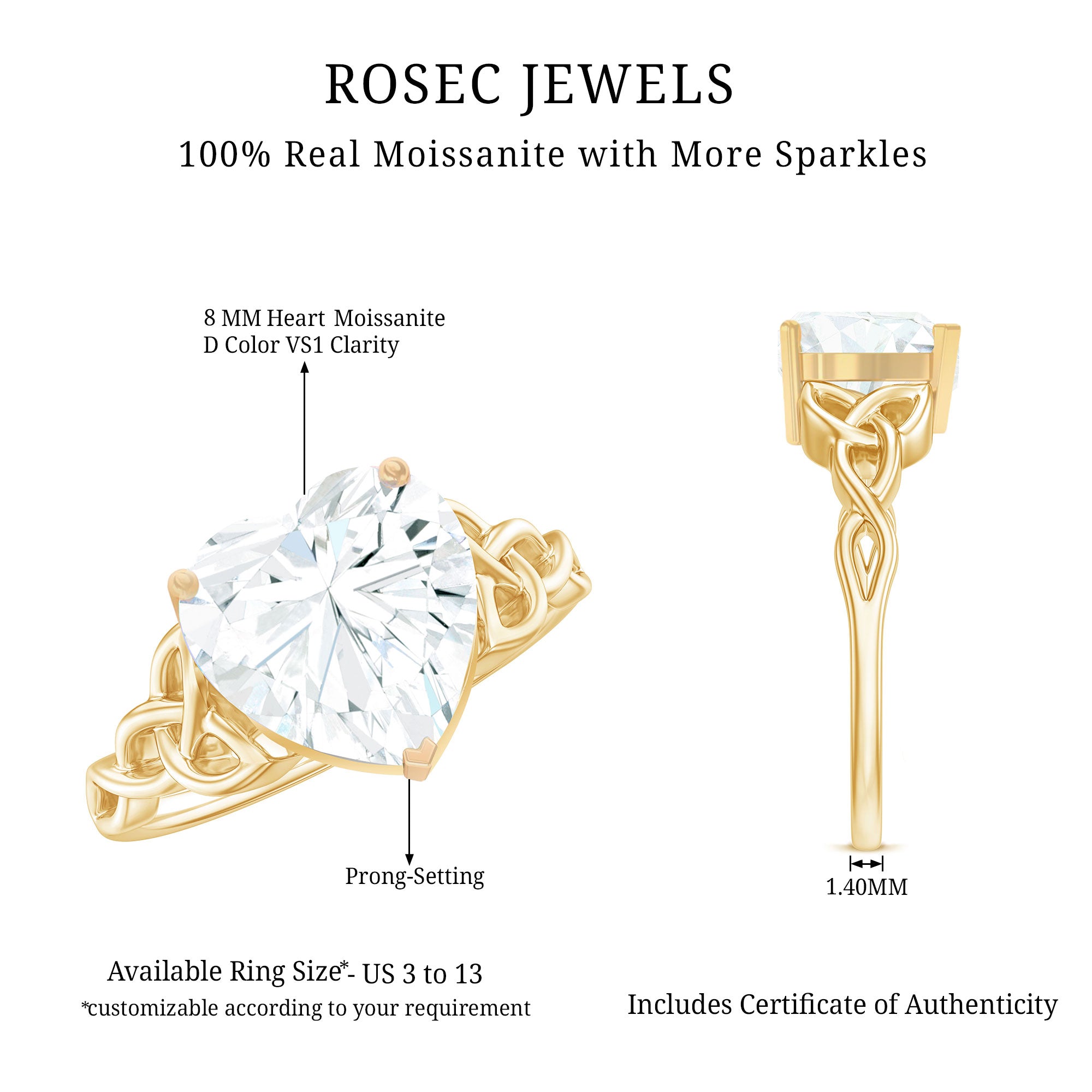 Heart Shaped Moissanite Celtic Engagement Ring D-VS1 - Rosec Jewels