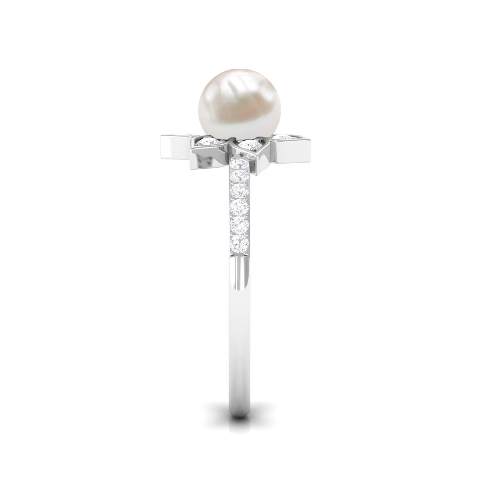 Freshwater Pearl Solitaire Floral Engagement Ring with Diamond AAA - Rosec Jewels