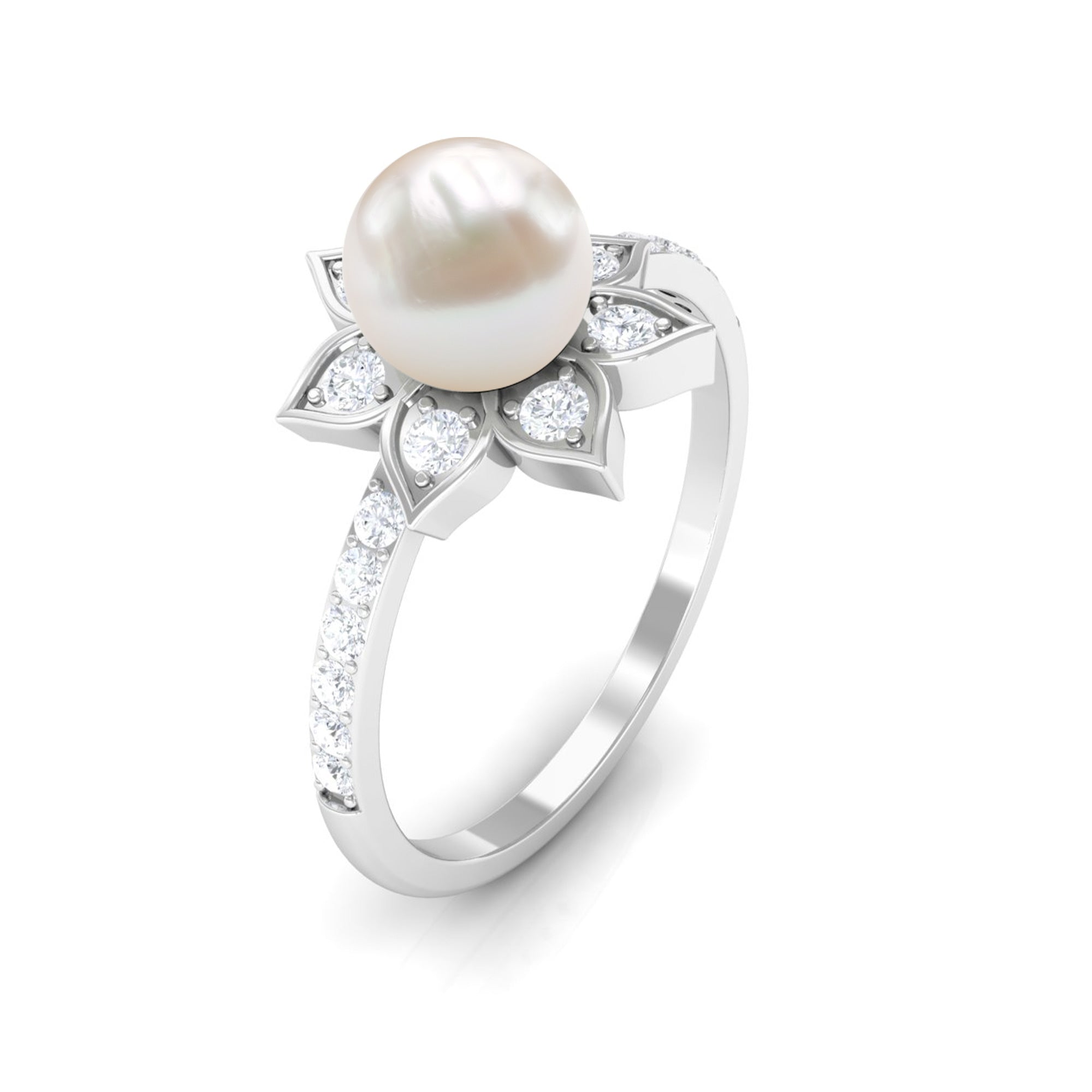 Freshwater Pearl Solitaire Floral Engagement Ring with Diamond AAA - Rosec Jewels