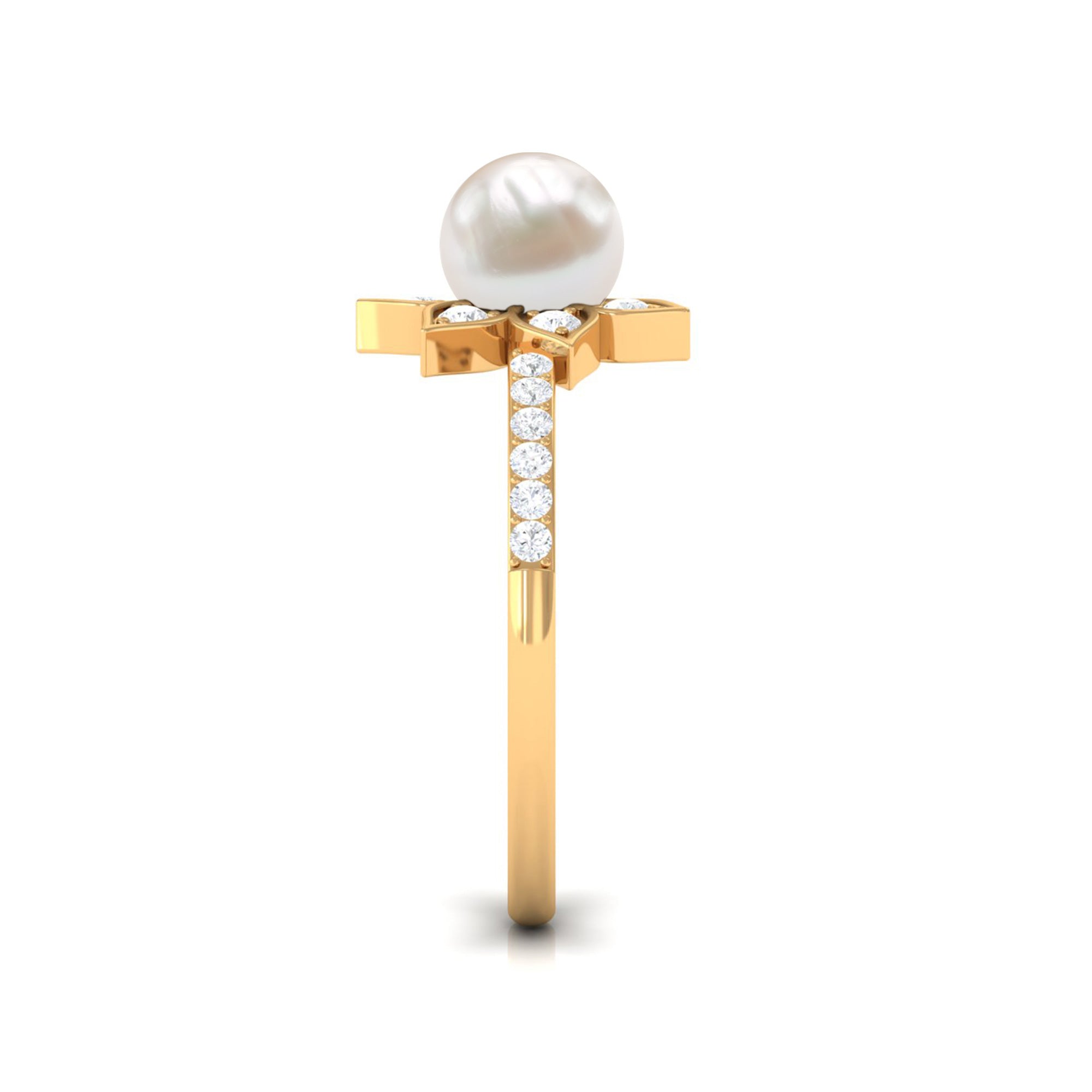Freshwater Pearl Solitaire Floral Engagement Ring with Diamond AAA - Rosec Jewels