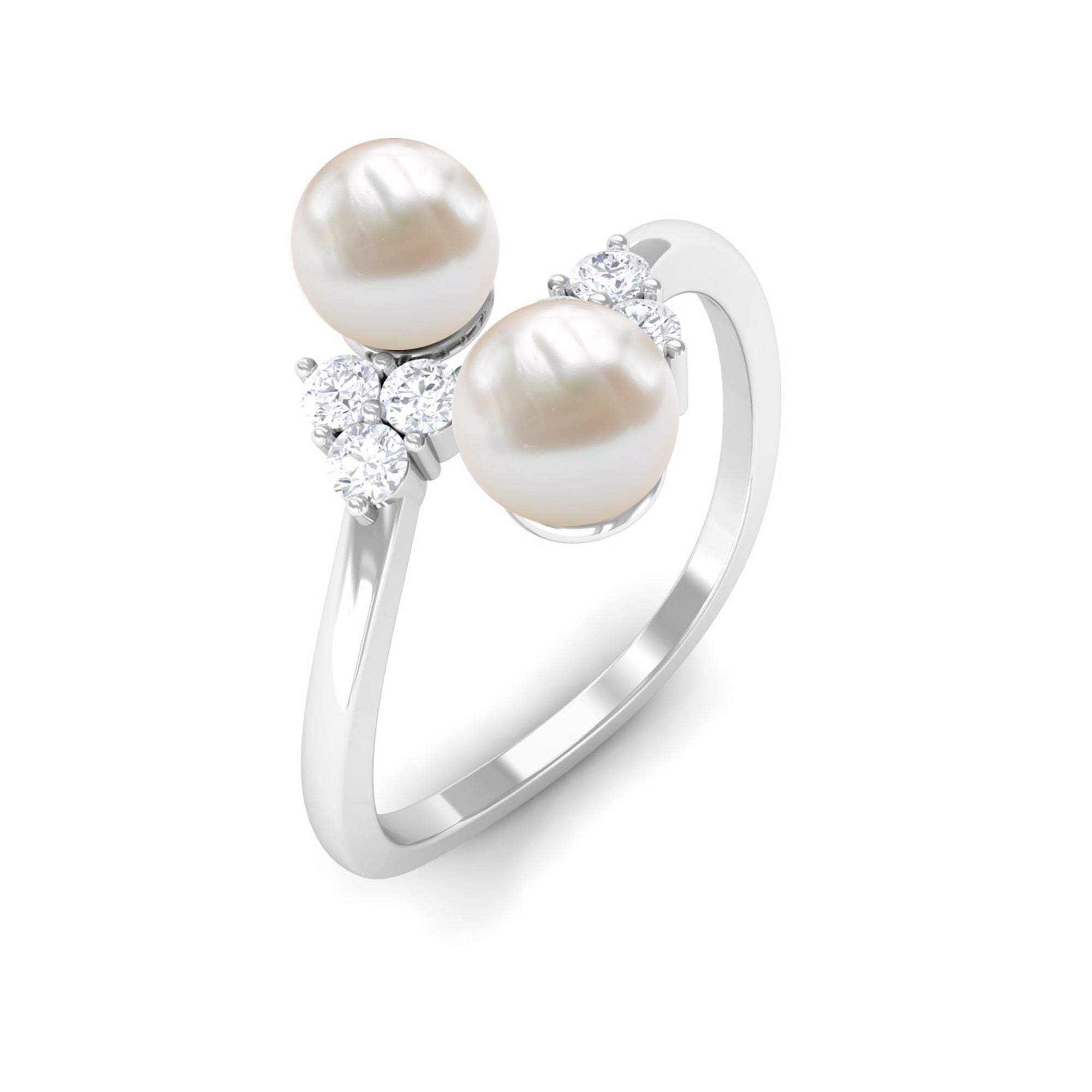 Rosec Jewels-Real Freshwater Pearl 2 Stone Engagement Ring with Diamond