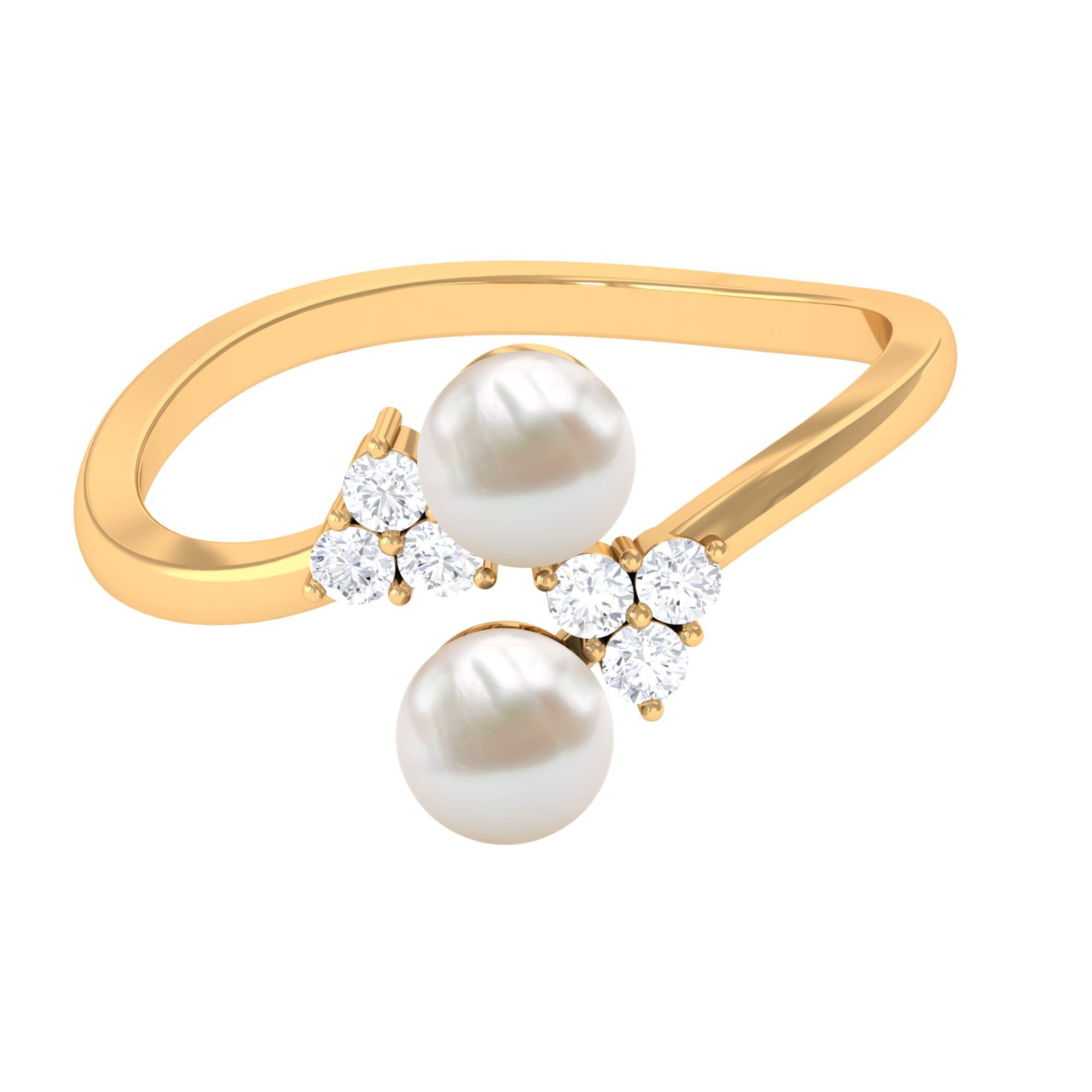Real Freshwater Pearl 2 Stone Engagement Ring with Diamond AAA - Rosec Jewels