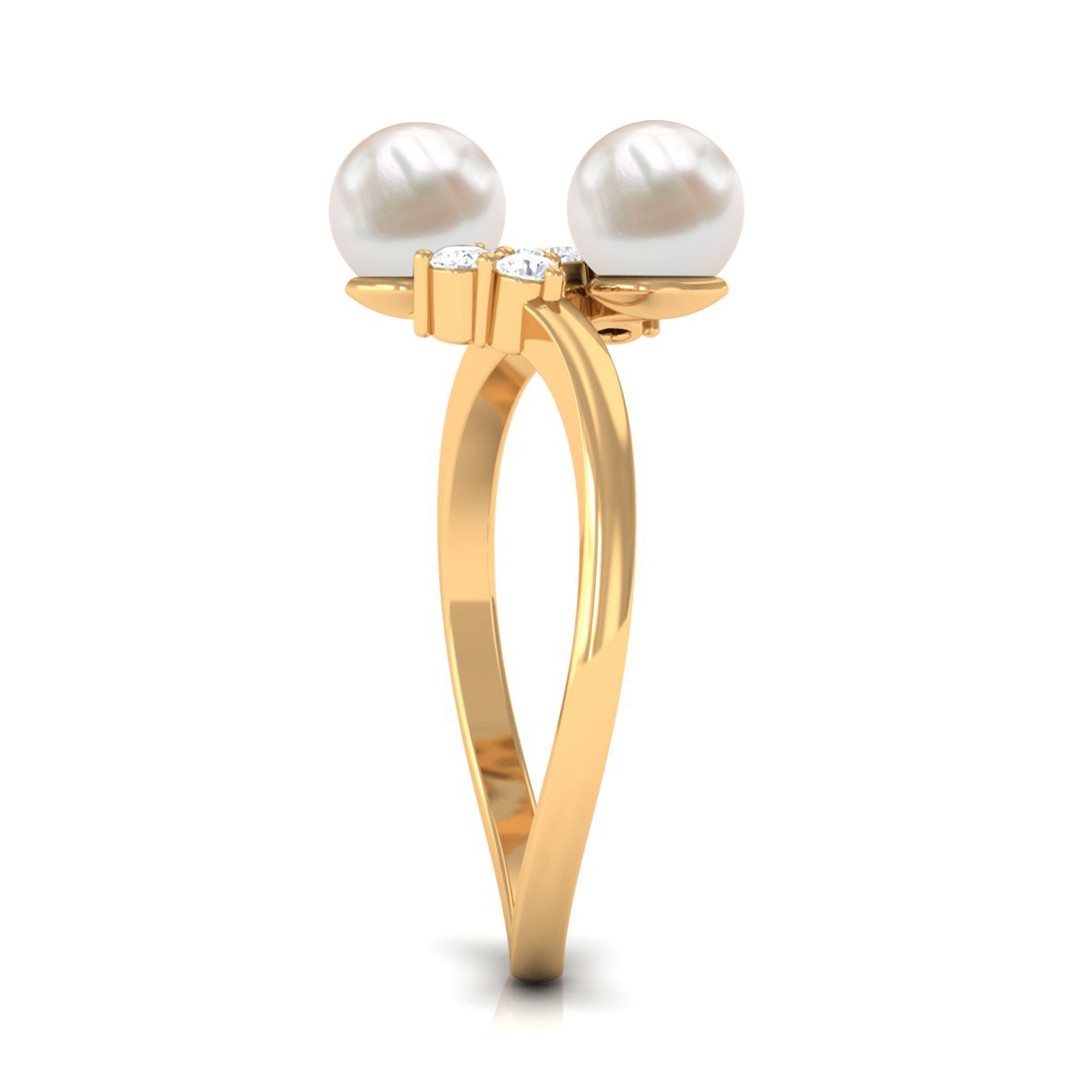 Rosec Jewels-Real Freshwater Pearl 2 Stone Engagement Ring with Diamond