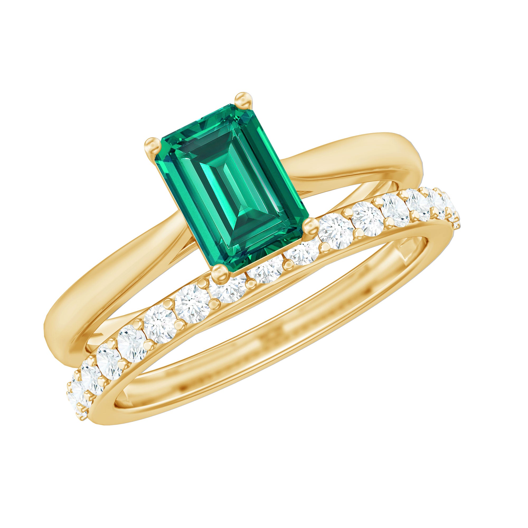 Certified 1.5 Carat Lab Grown Emerald Cut Emerald Engagement Ring with Ring Guard AAAA - Rosec Jewels