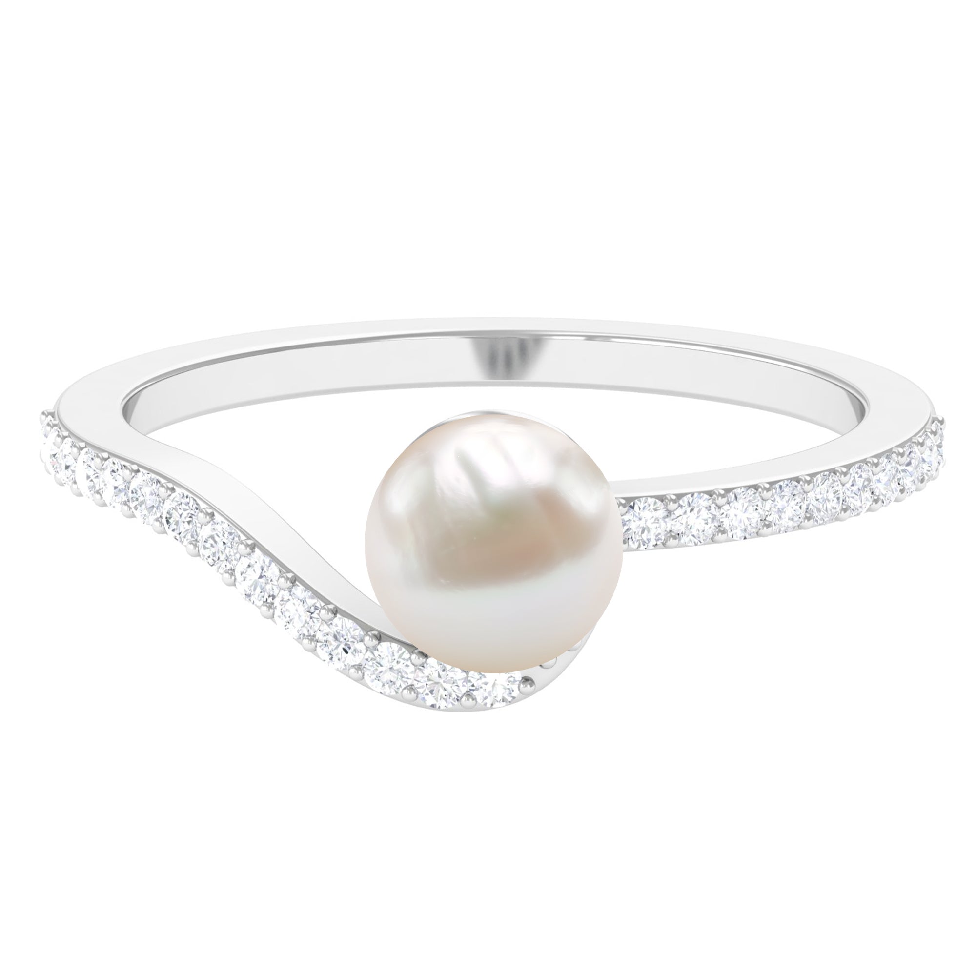 Cultured 2 Carat White Pearl Engagement Ring with Diamond Bypass Shank AAA - Rosec Jewels
