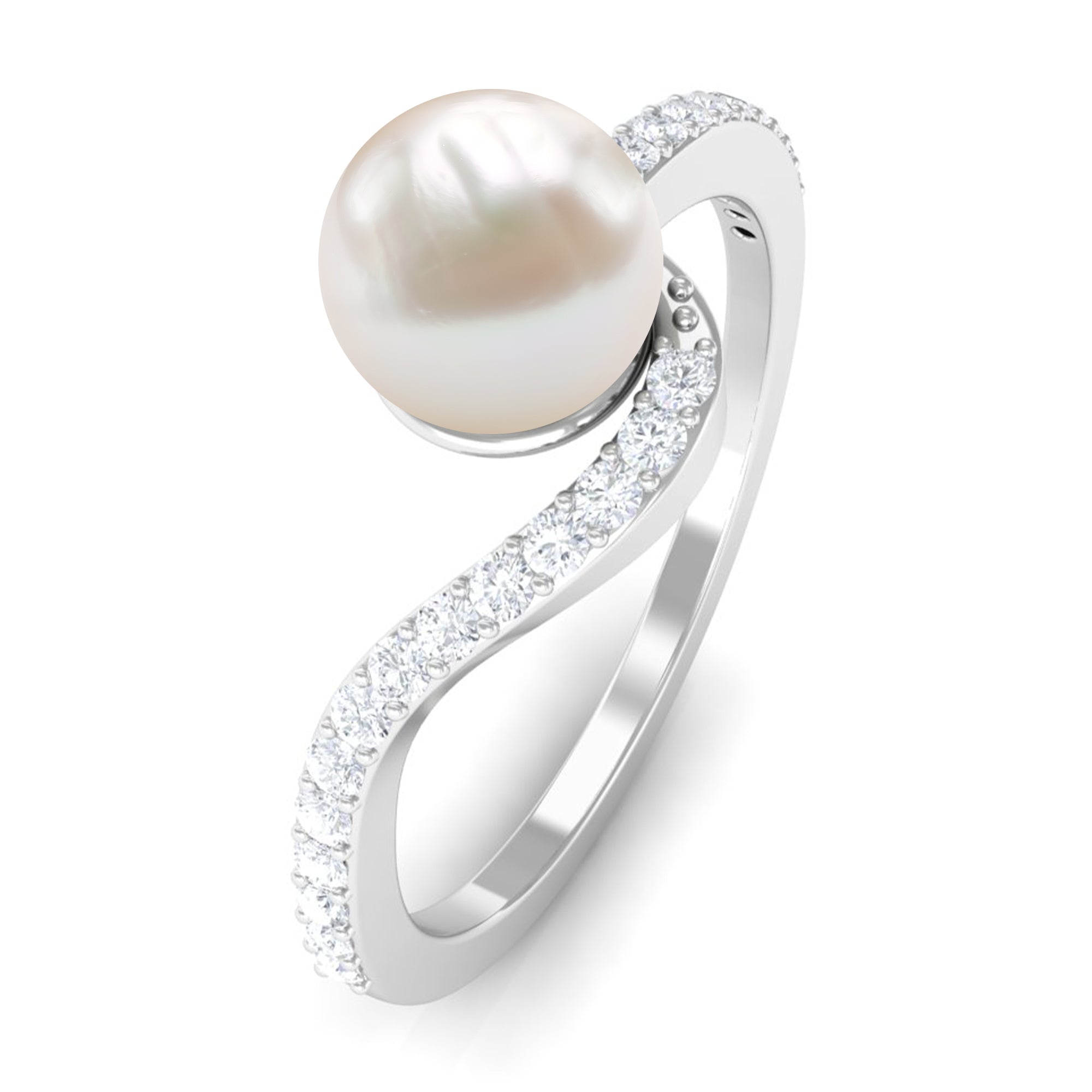 Cultured 2 Carat White Pearl Engagement Ring with Diamond Bypass Shank AAA - Rosec Jewels
