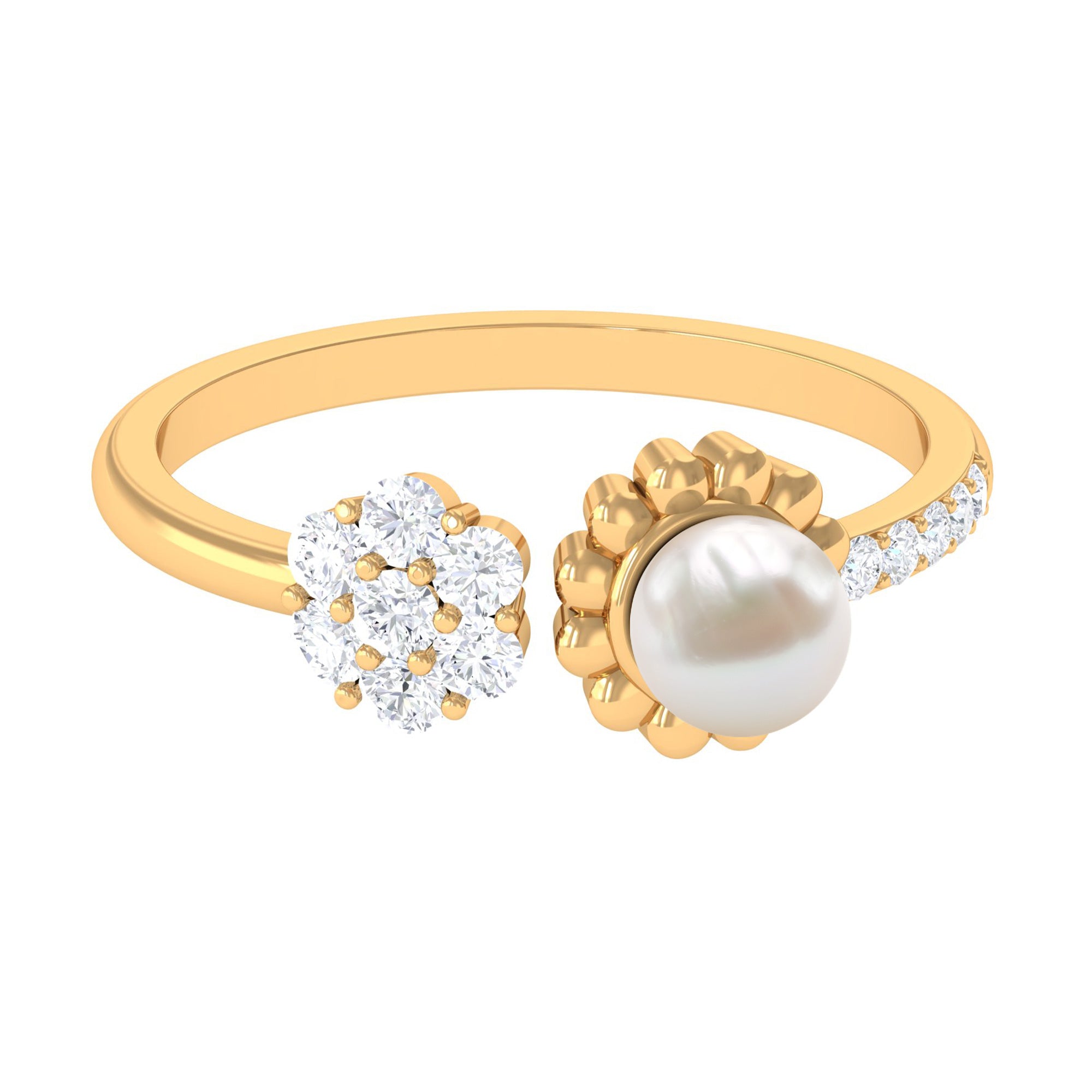 Natural 2 Carat Freshwater Pearl Diamond Flower Cuff Ring AAA - Rosec Jewels