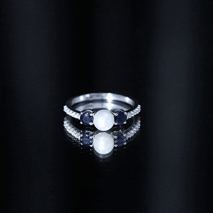 Natural Freshwater Pearl and Blue Sapphire 3 Stone Engagement Ring with Diamond AAA - Rosec Jewels