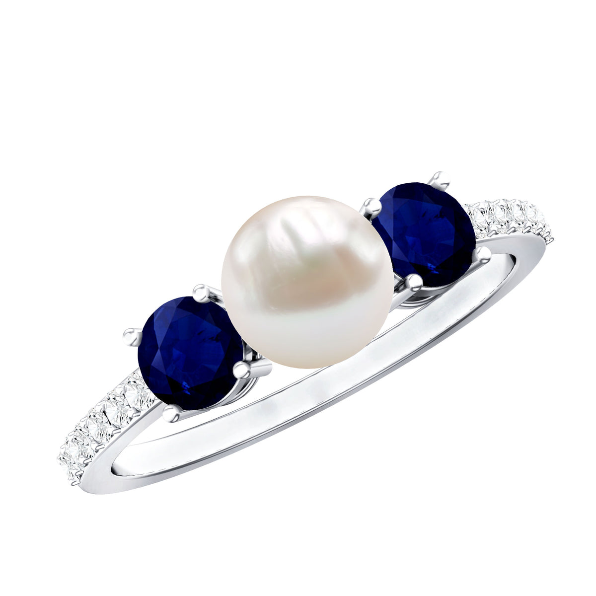 Natural Freshwater Pearl and Blue Sapphire 3 Stone Engagement Ring with Diamond AAA - Rosec Jewels