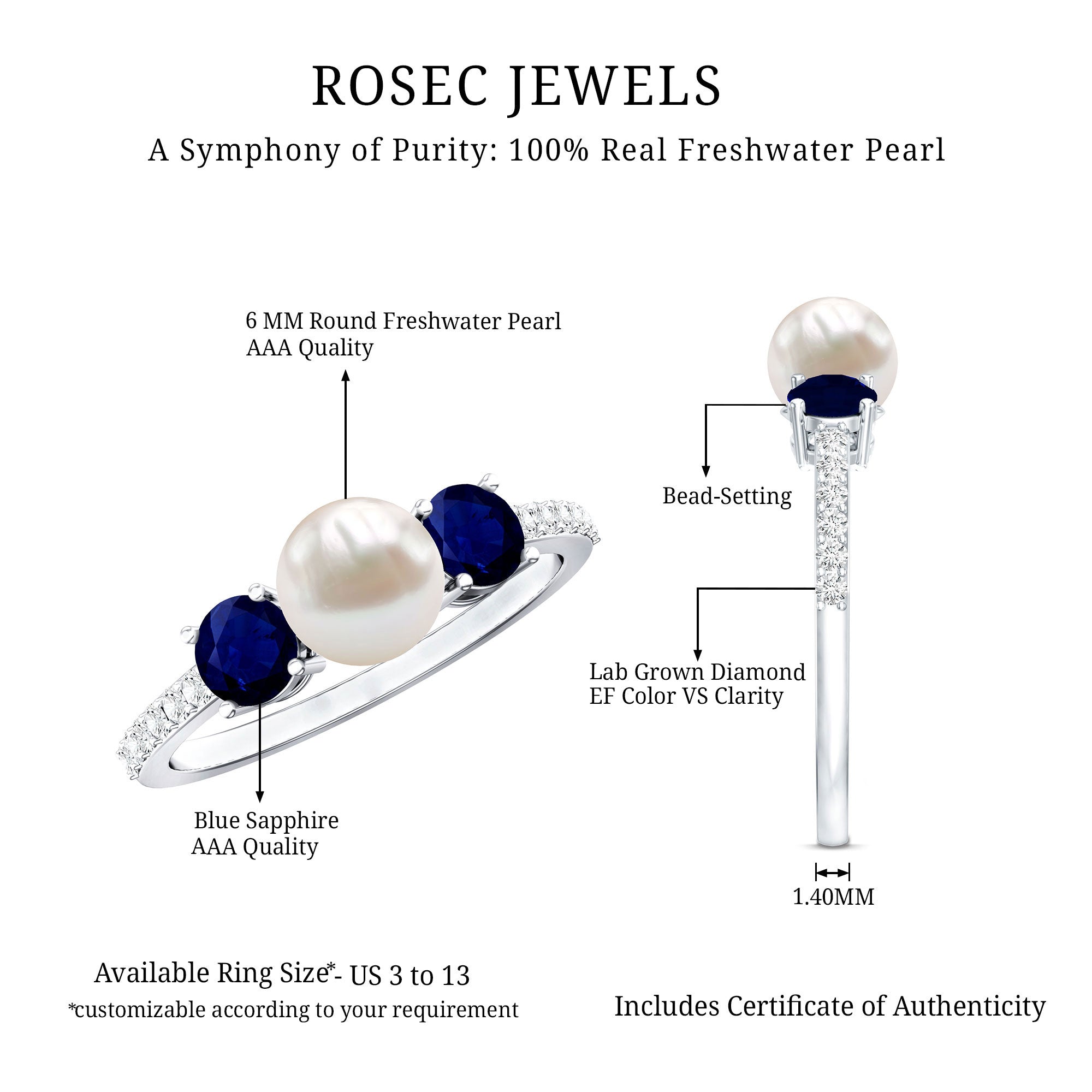 Rosec Jewels-Natural Freshwater Pearl and Blue Sapphire 3 Stone Engagement Ring with Diamond
