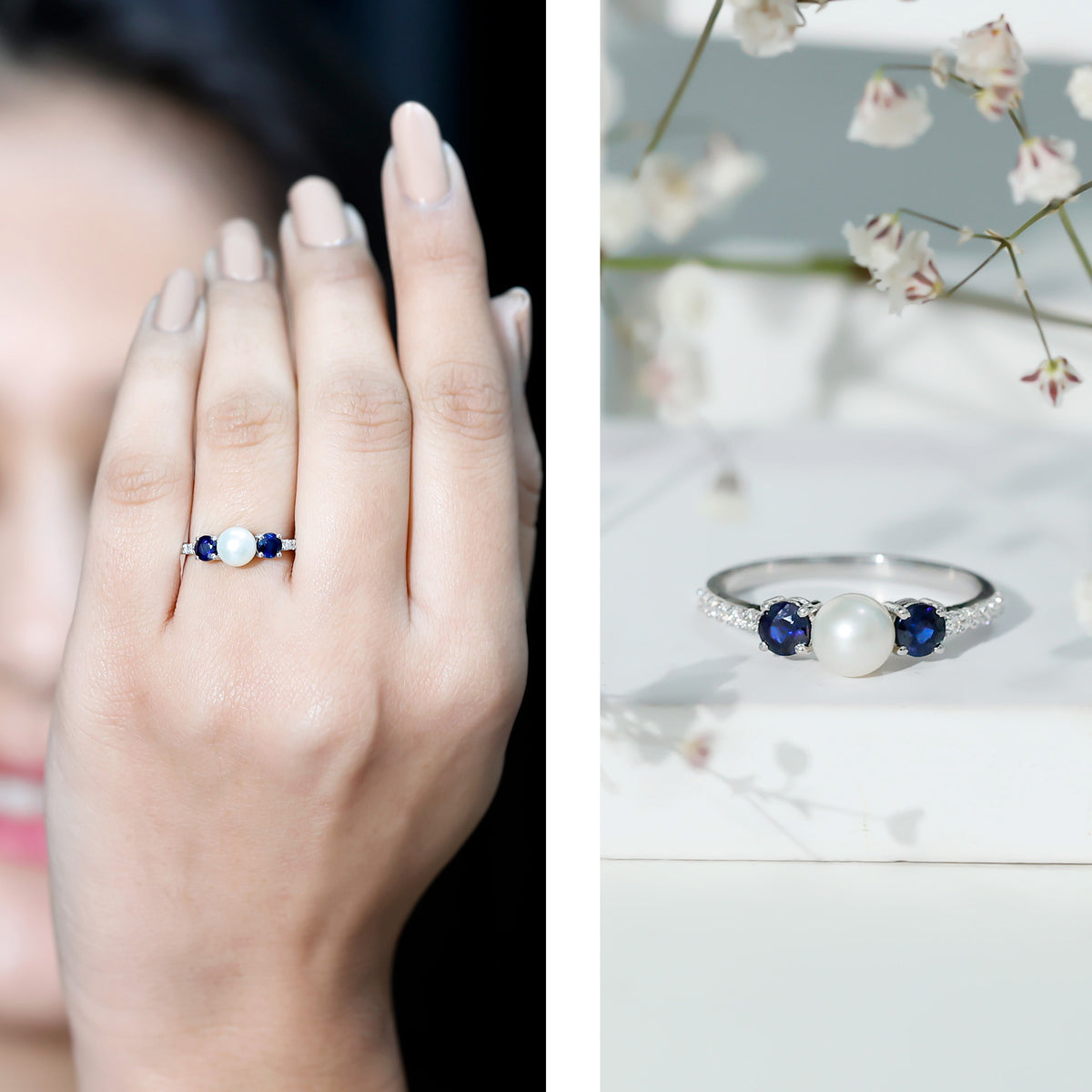 Natural Freshwater Pearl and Blue Sapphire 3 Stone Engagement Ring with Diamond AAA - Rosec Jewels