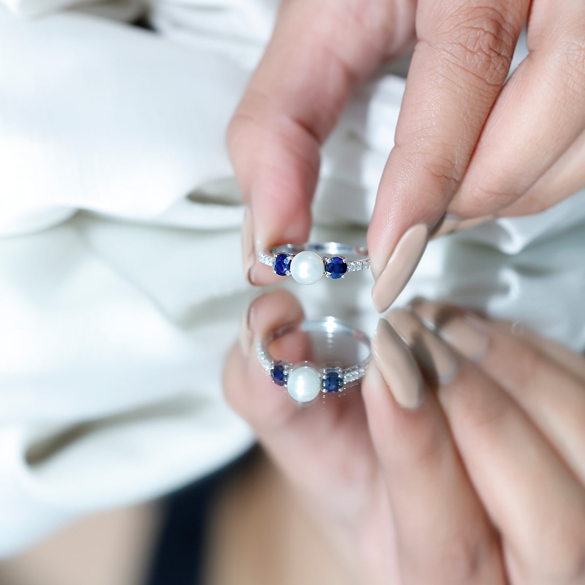 Natural Freshwater Pearl and Blue Sapphire 3 Stone Engagement Ring with Diamond AAA - Rosec Jewels