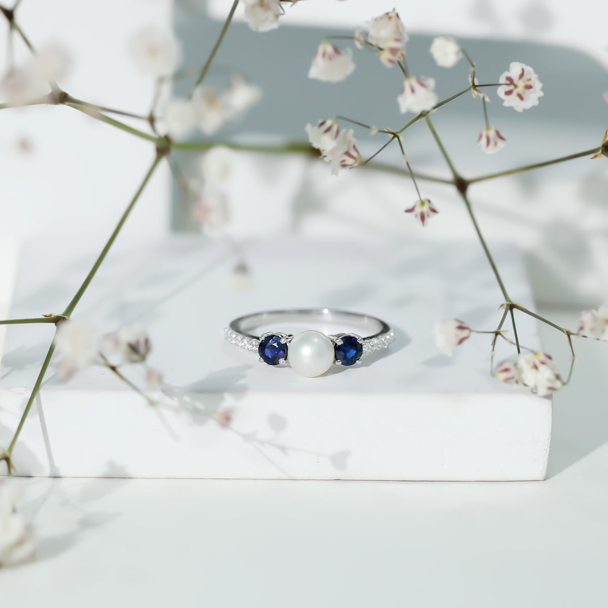 Natural Freshwater Pearl and Blue Sapphire 3 Stone Engagement Ring with Diamond AAA - Rosec Jewels