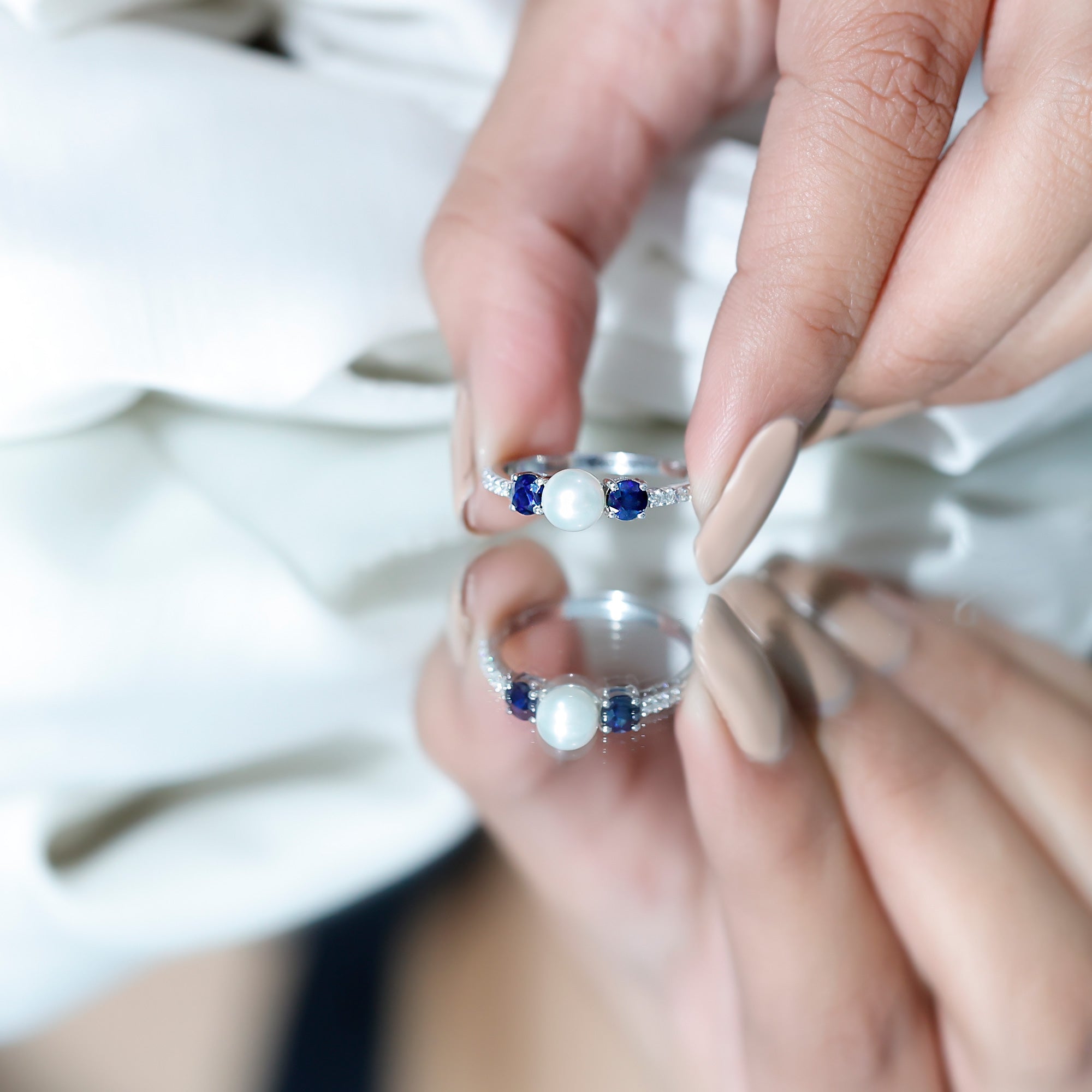 Natural Freshwater Pearl and Blue Sapphire 3 Stone Engagement Ring with Diamond AAA - Rosec Jewels