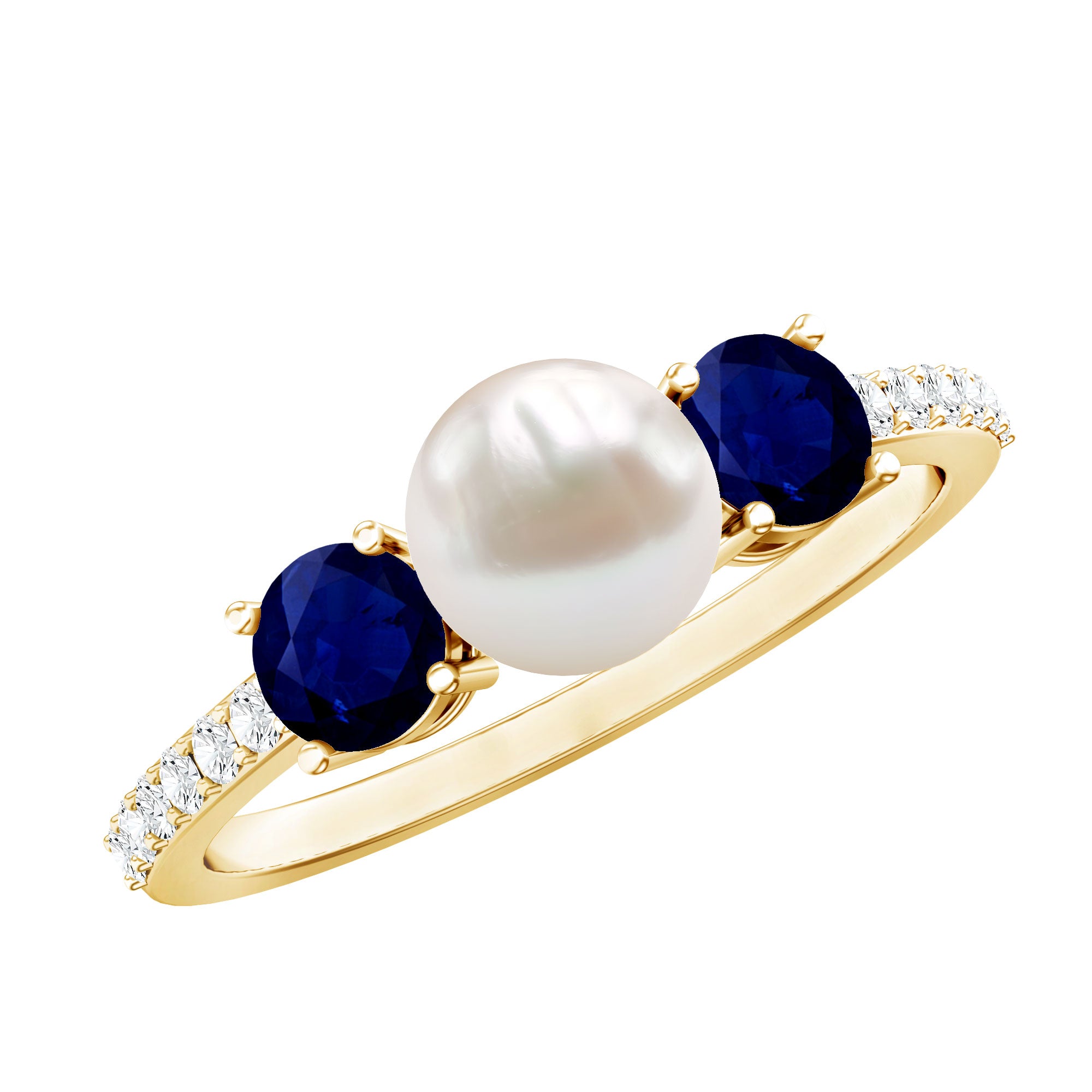Natural Freshwater Pearl and Blue Sapphire 3 Stone Engagement Ring with Diamond AAA - Rosec Jewels
