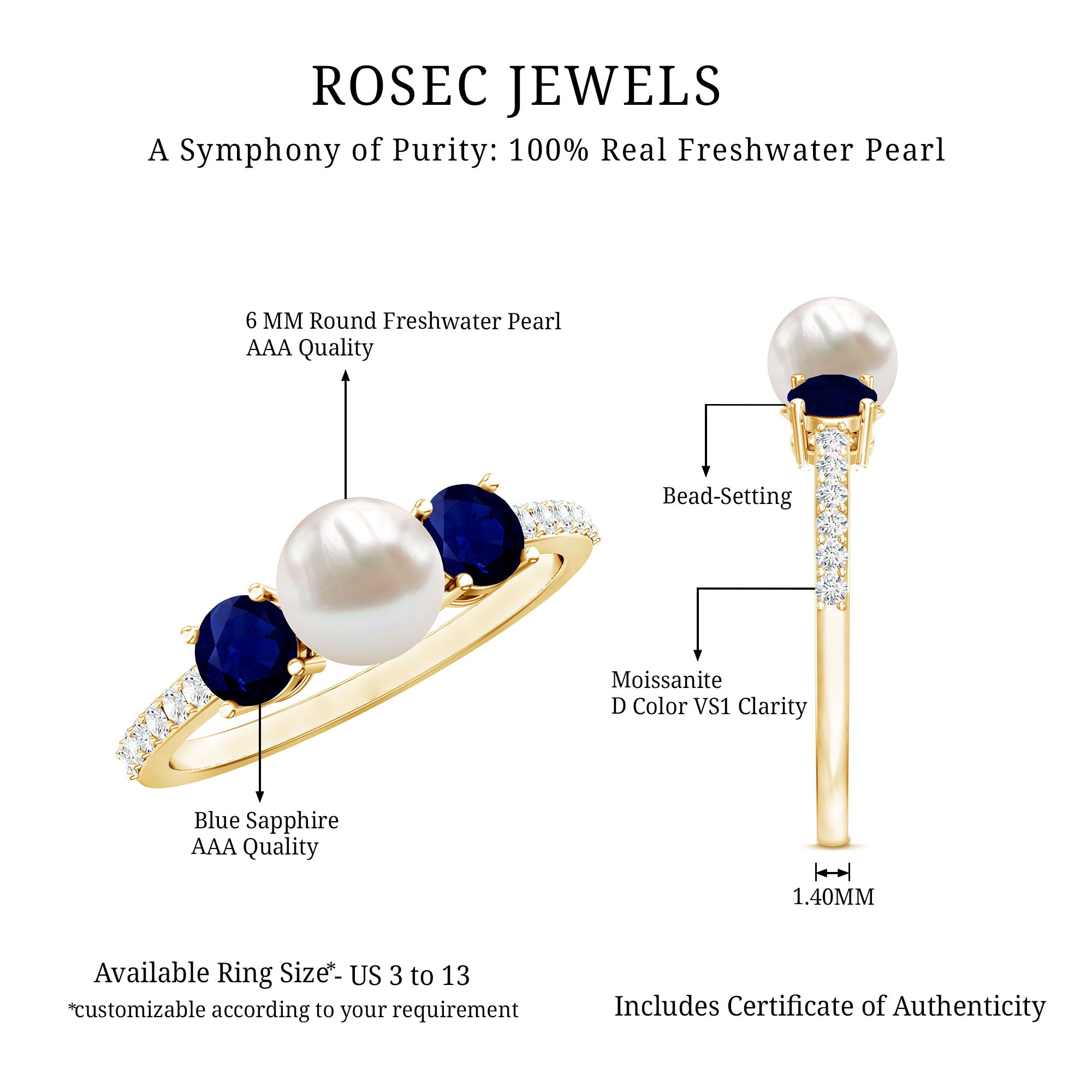 Natural Freshwater Pearl and Blue Sapphire 3 Stone Engagement Ring with Diamond AAA - Rosec Jewels
