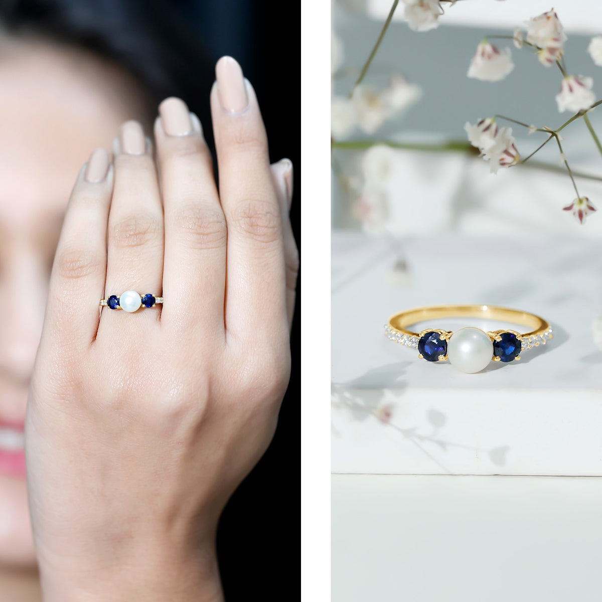 Natural Freshwater Pearl and Blue Sapphire 3 Stone Engagement Ring with Diamond AAA - Rosec Jewels