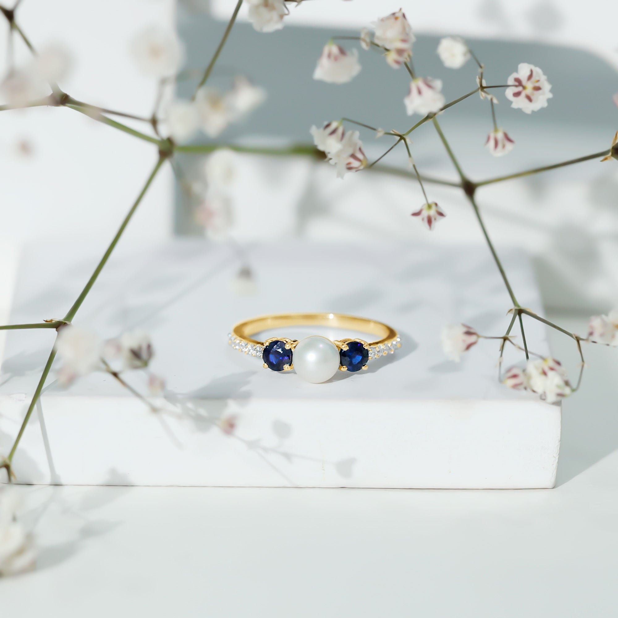 Natural Freshwater Pearl and Blue Sapphire 3 Stone Engagement Ring with Diamond AAA - Rosec Jewels