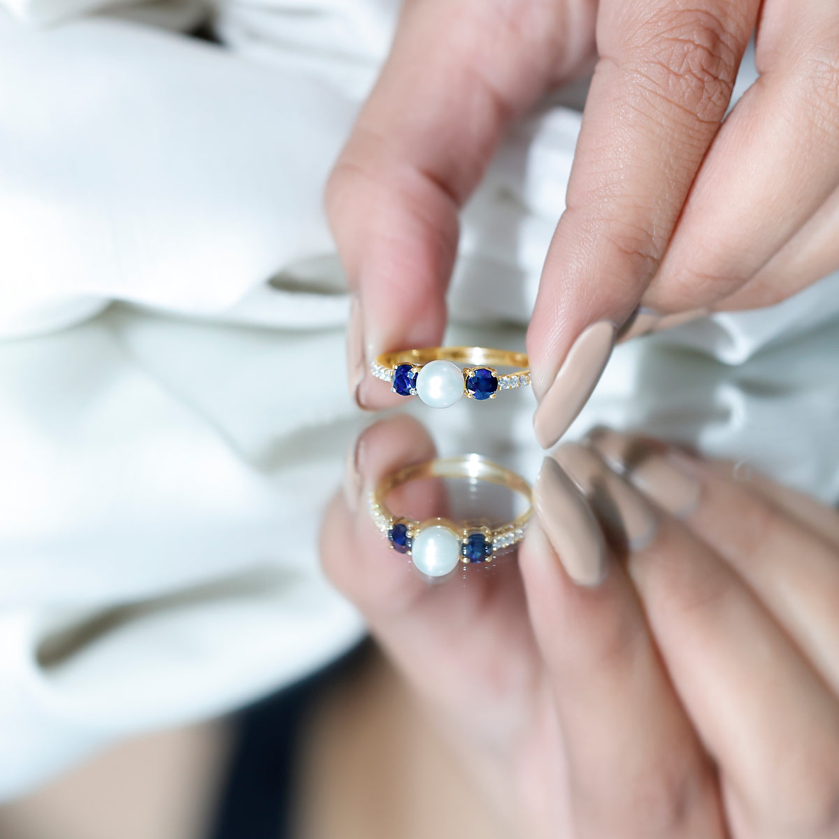 Natural Freshwater Pearl and Blue Sapphire 3 Stone Engagement Ring with Diamond AAA - Rosec Jewels