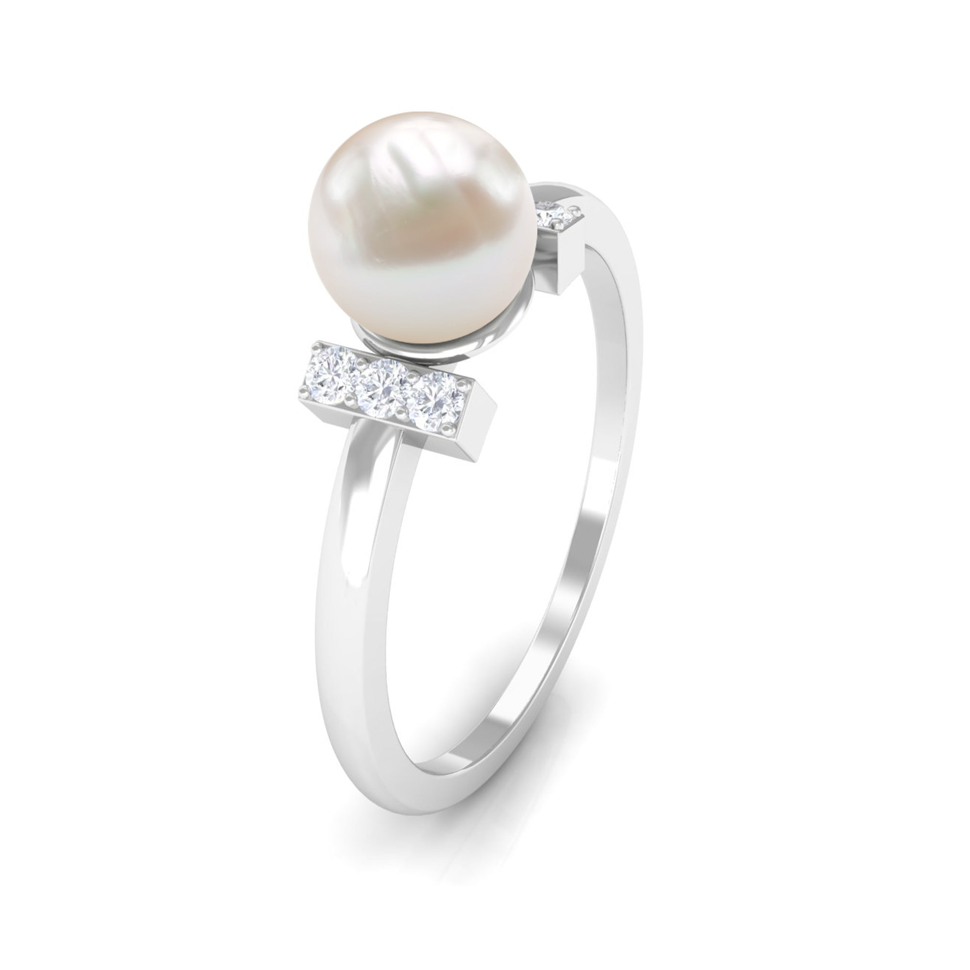 Cultured 2 Carat Freshwater Pearl Solitaire Engagement Ring with Diamond AAA - Rosec Jewels