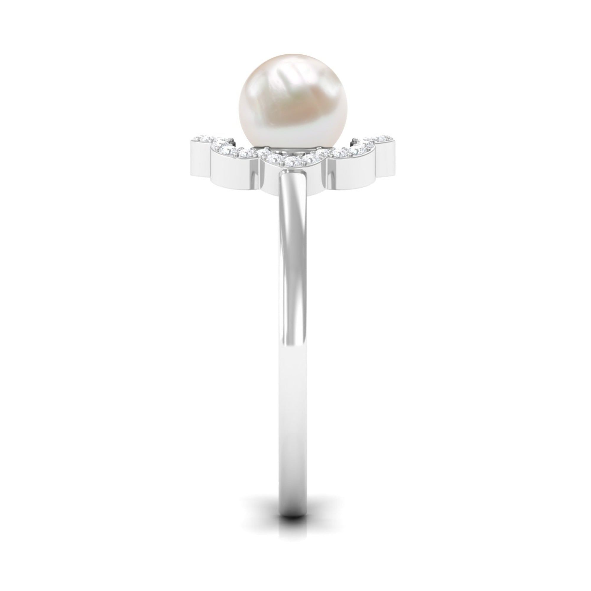 Cultured 2 Carat Freshwater Pearl Flower Engagement Ring with Diamond AAA - Rosec Jewels