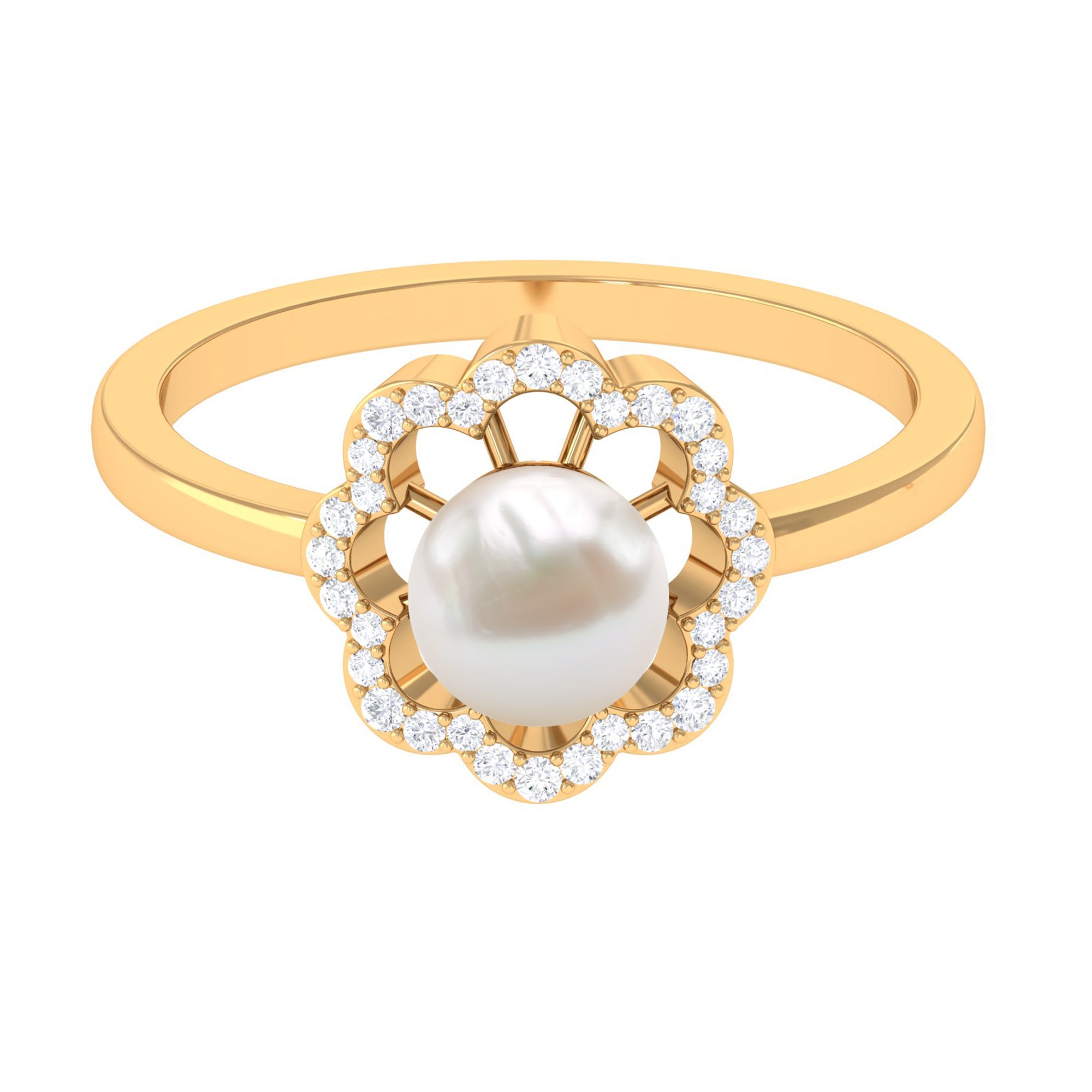 Cultured 2 Carat Freshwater Pearl Flower Engagement Ring with Diamond AAA - Rosec Jewels