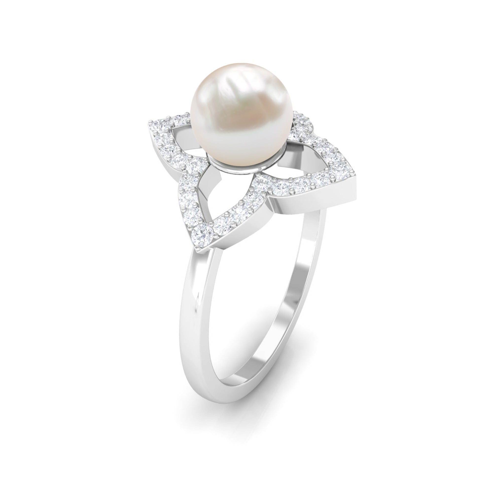 Rosec Jewels-Real 2 Carat Freshwater Pearl Flower Engagement Ring with Diamond