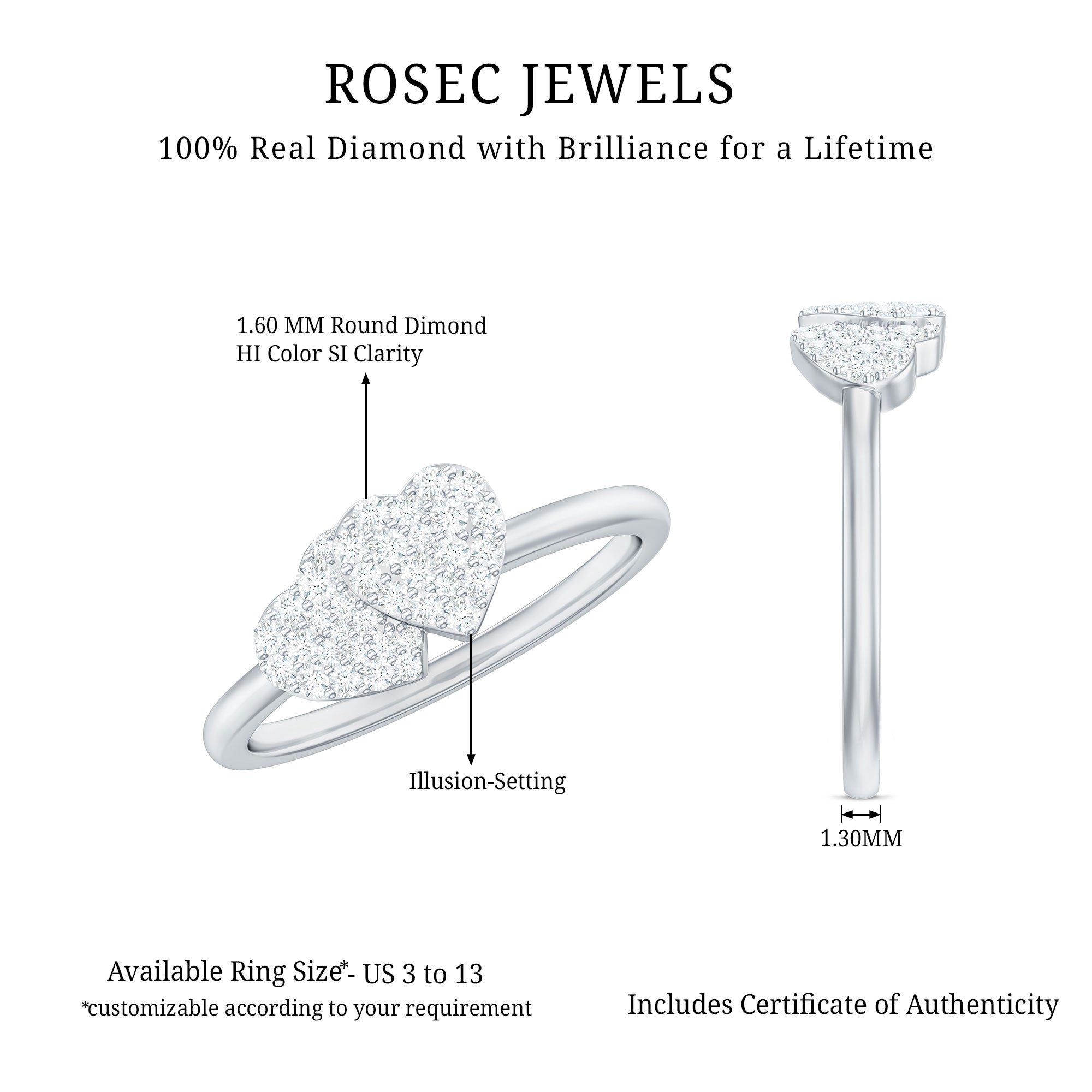 Rosec Jewels-Natural Diamond Double Heart Ring for Promise