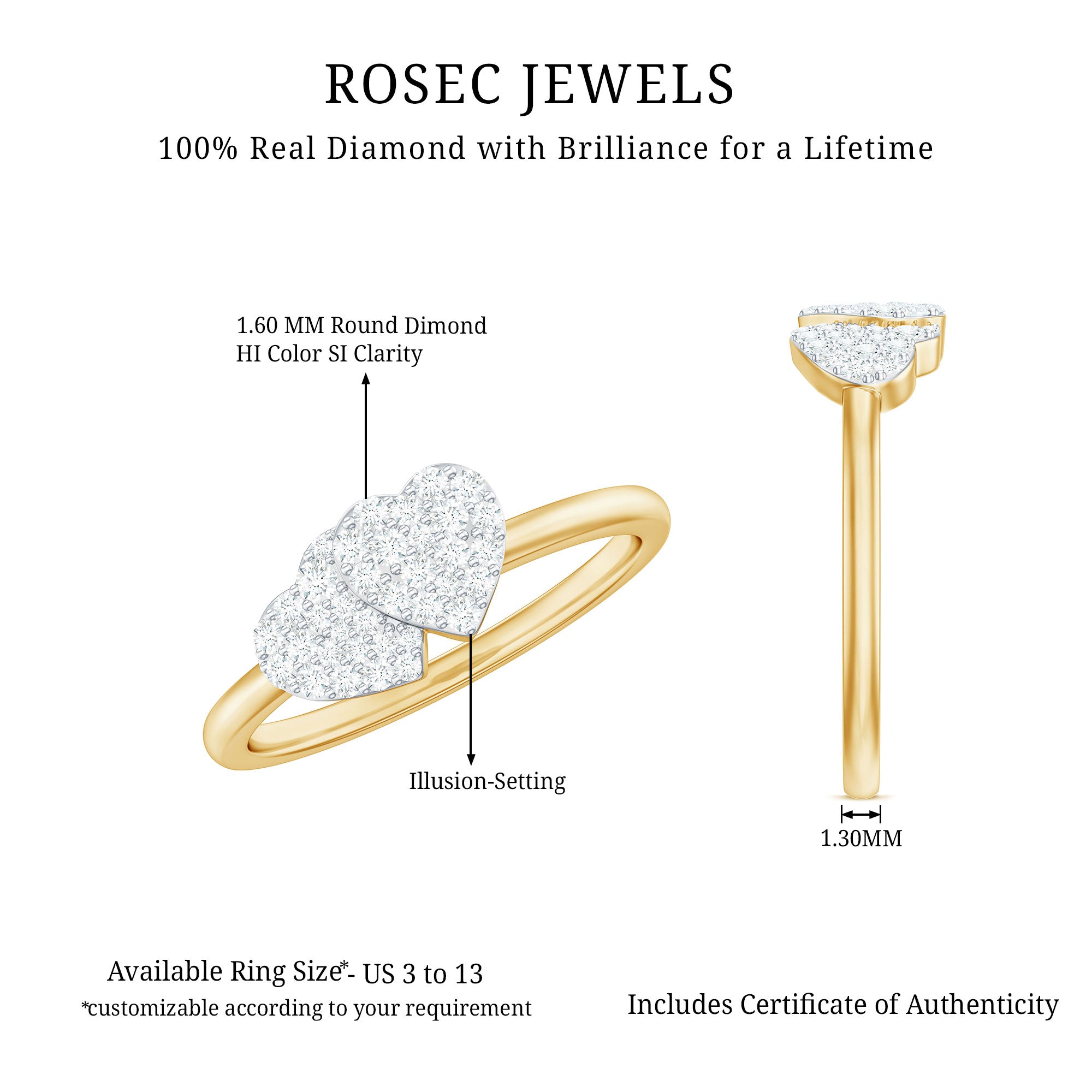 Rosec Jewels-Natural Diamond Double Heart Ring for Promise