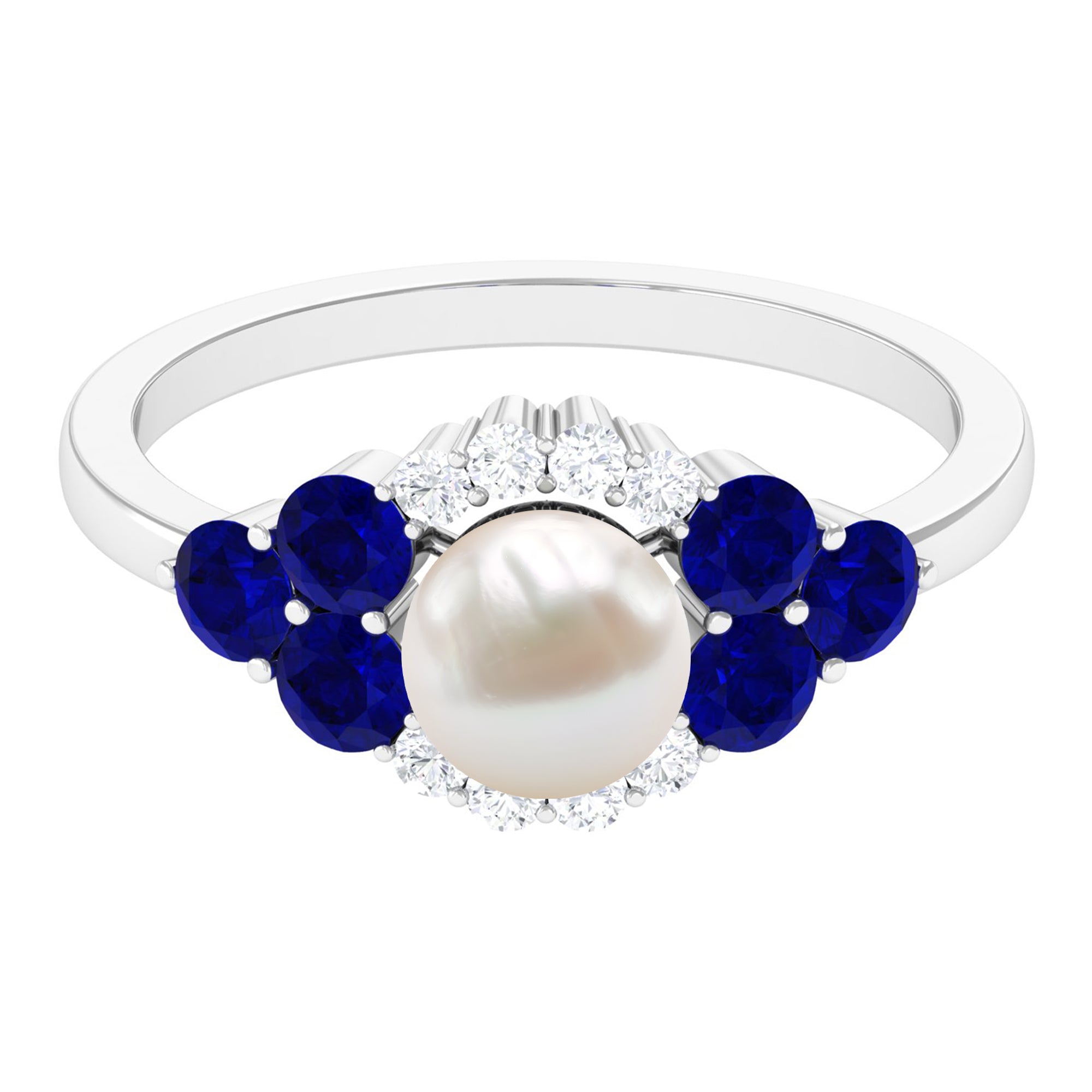 3.5 CT Freshwater Pearl Cocktail Ring with Blue Sapphire and Moissanite