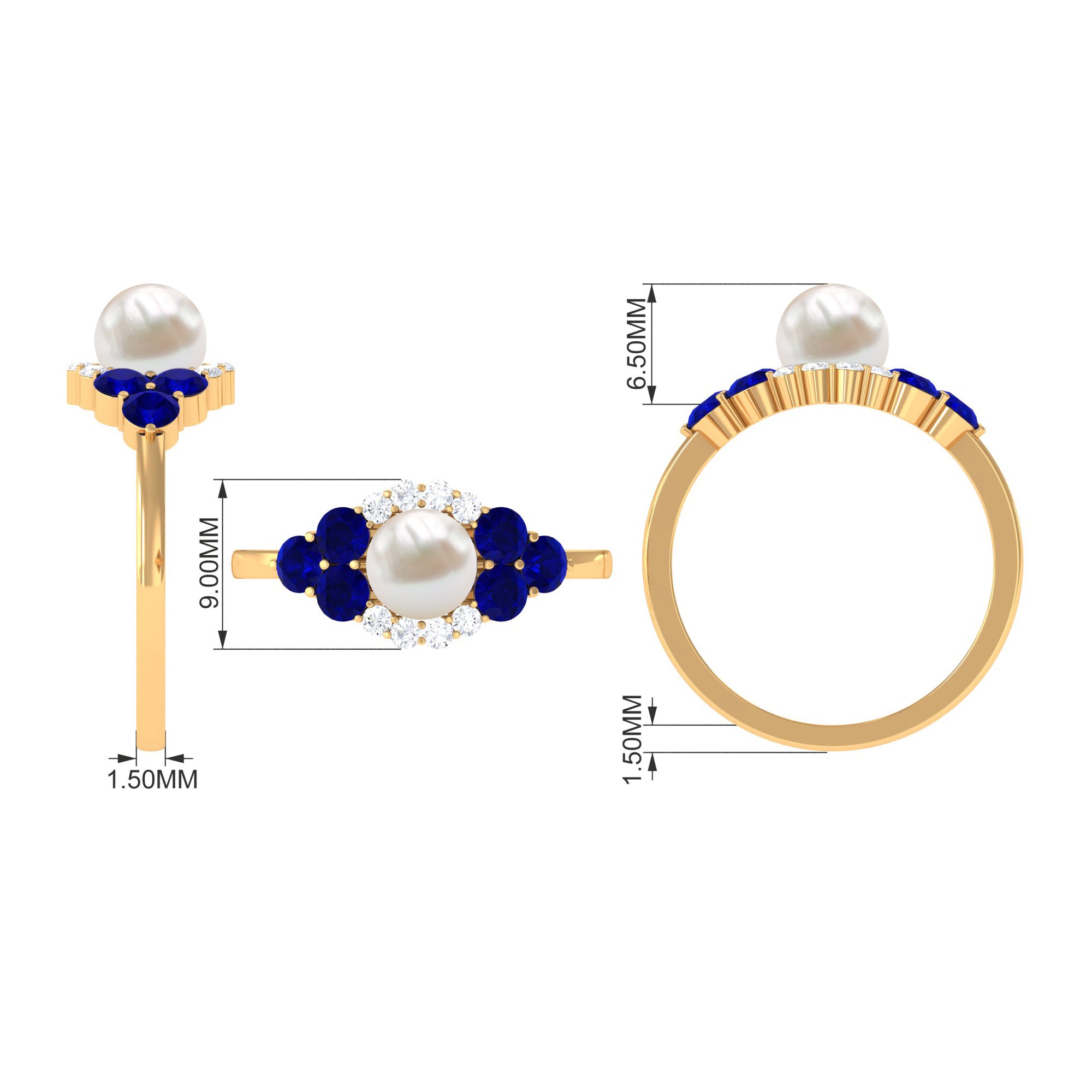 2 Carat Freshwater Pearl and Blue Sapphire Engagement Ring with Diamond AAA - Rosec Jewels