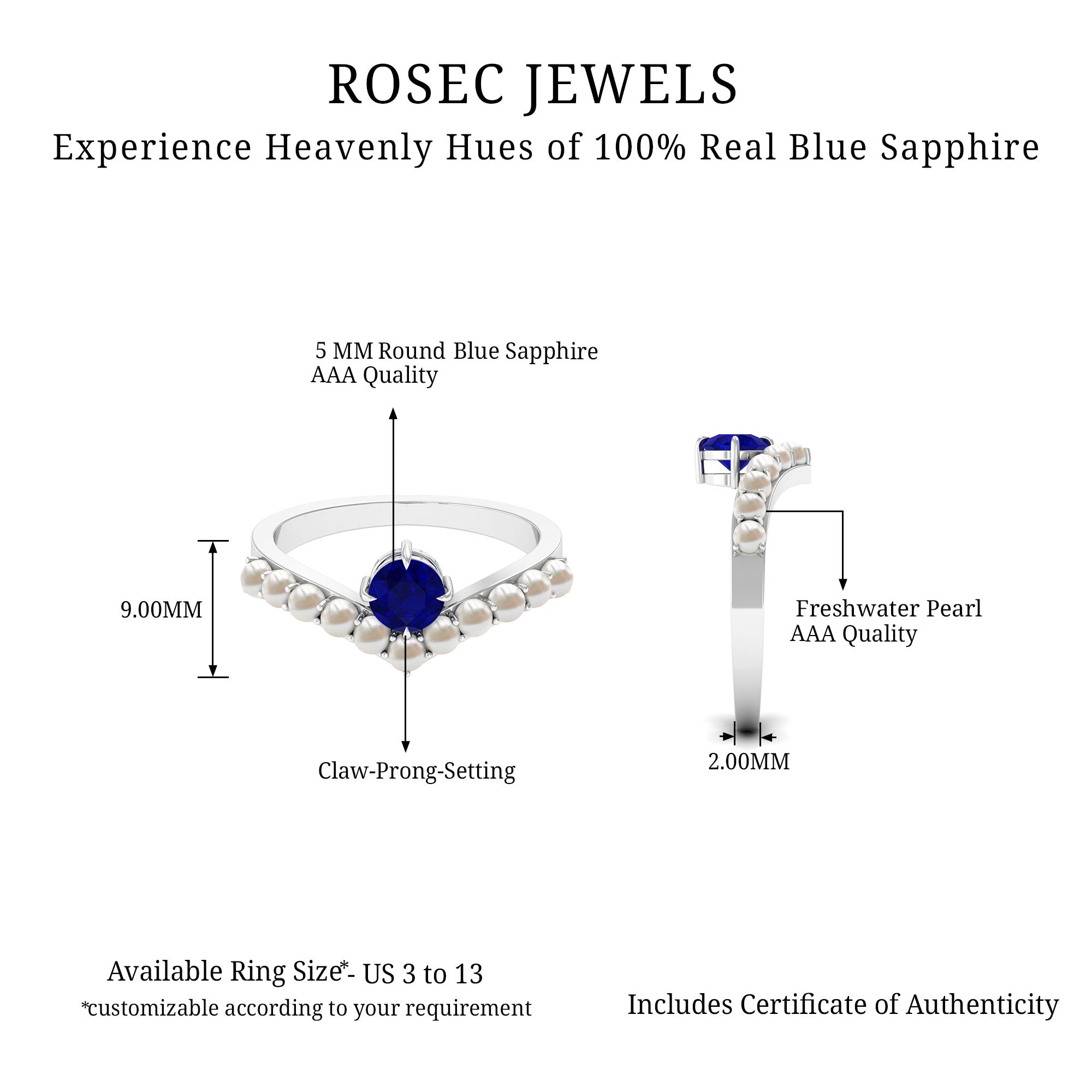 Rosec Jewels-2 CT Solitaire Blue Sapphire and Freshwater Pearl Chevron Ring