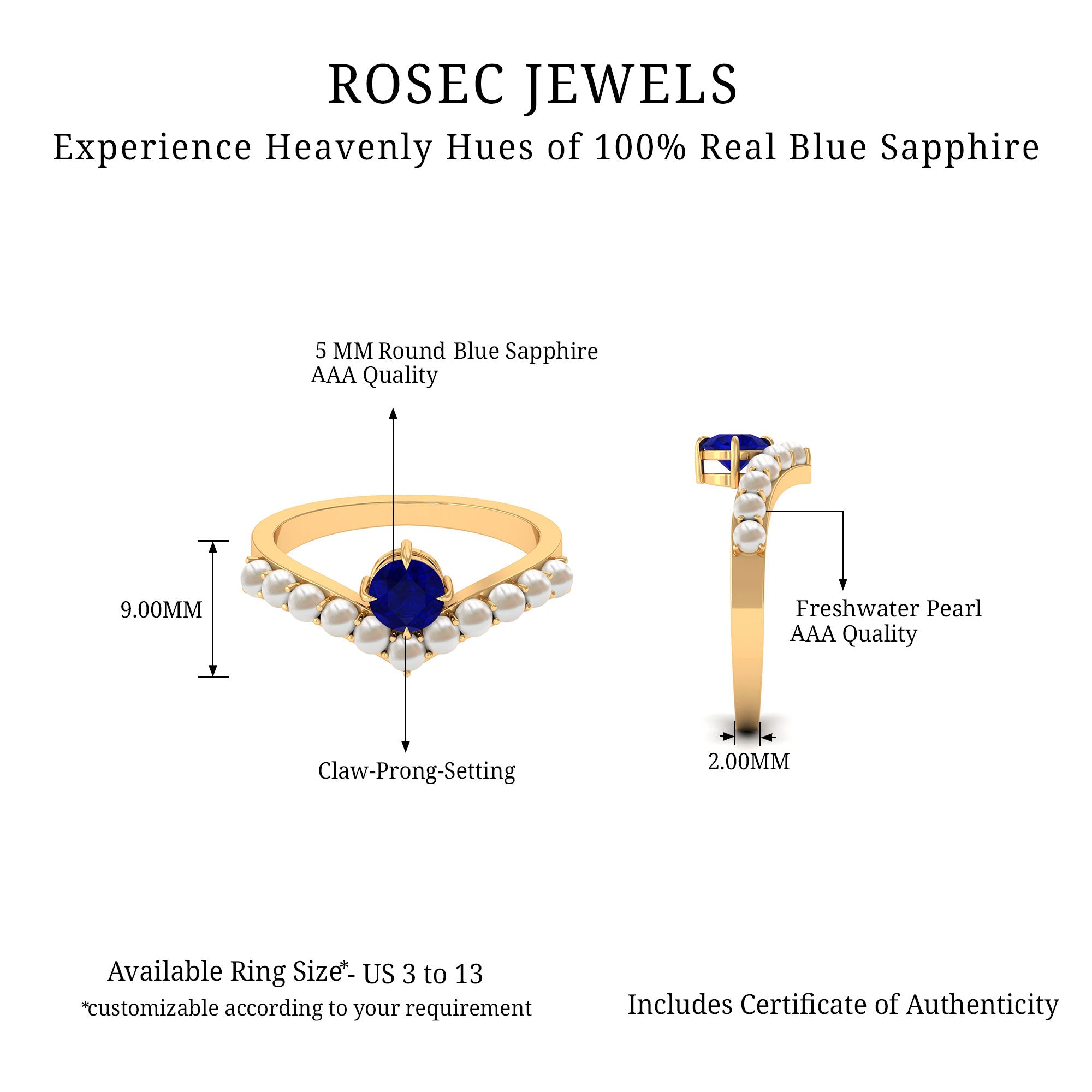 Rosec Jewels-2 CT Solitaire Blue Sapphire and Freshwater Pearl Chevron Ring