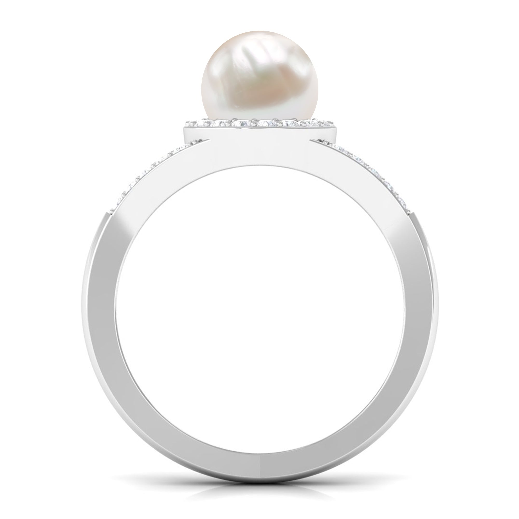 Split Shank Freshwater Pearl Engagement Ring with Diamond Halo AAA - Rosec Jewels