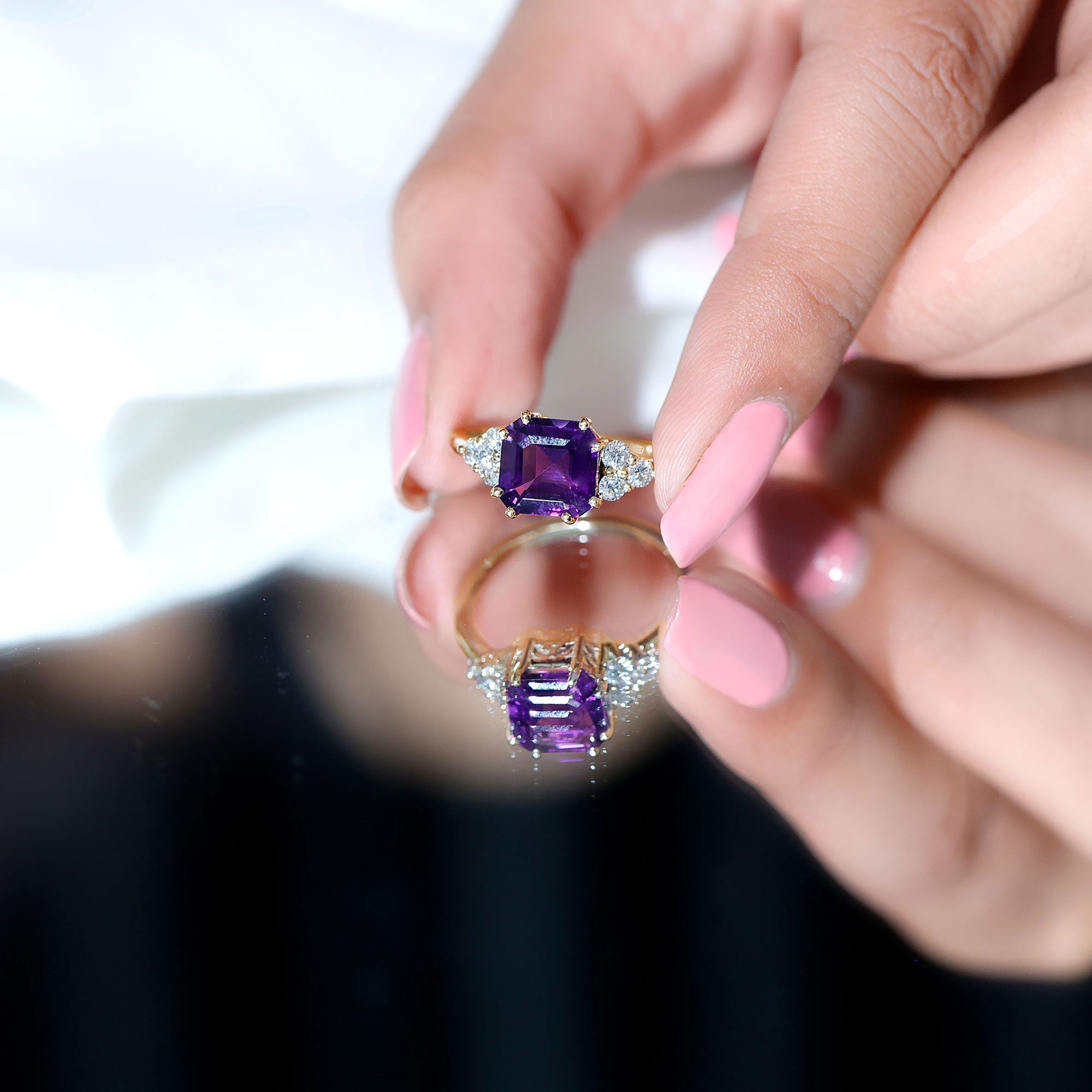 3 Carat Amethyst Asscher Cut Engagement Ring with Diamond Trio AAA - Rosec Jewels