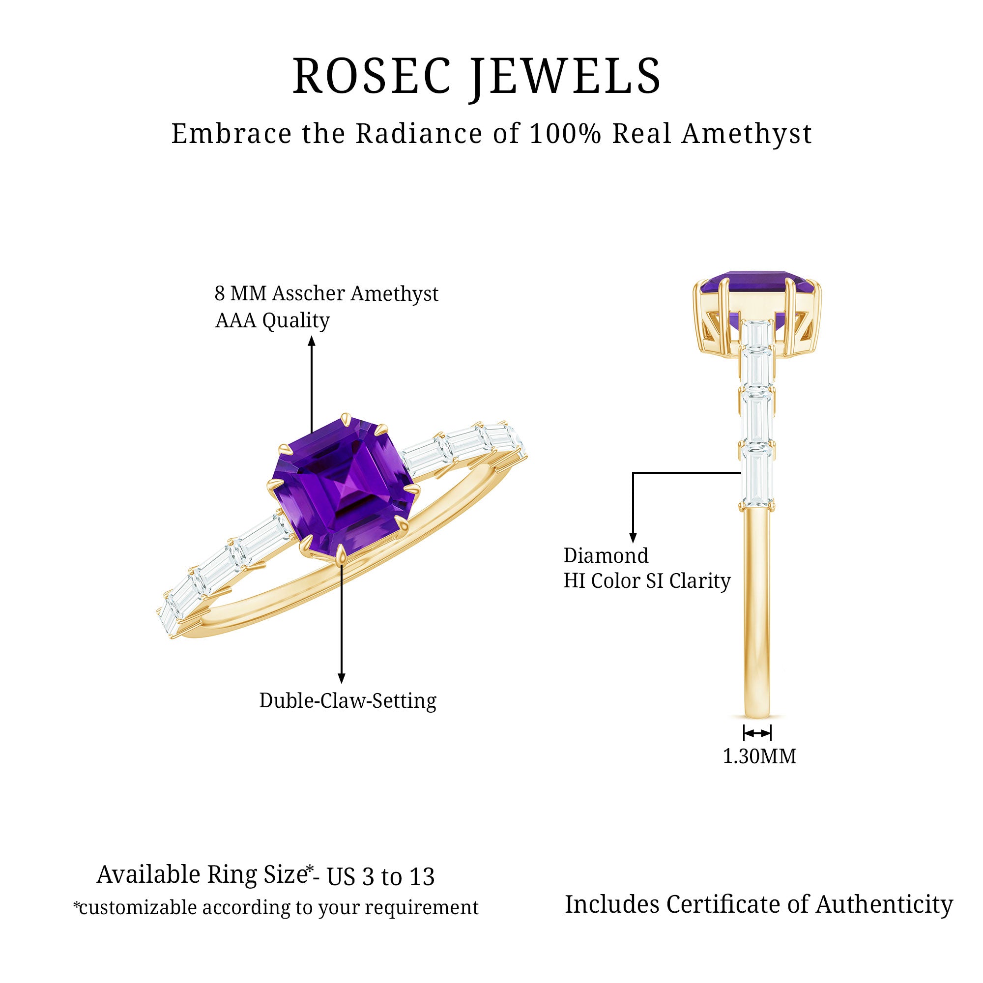3 Carat Amethyst Asscher Cut Engagement Ring with Diamond AAA - Rosec Jewels