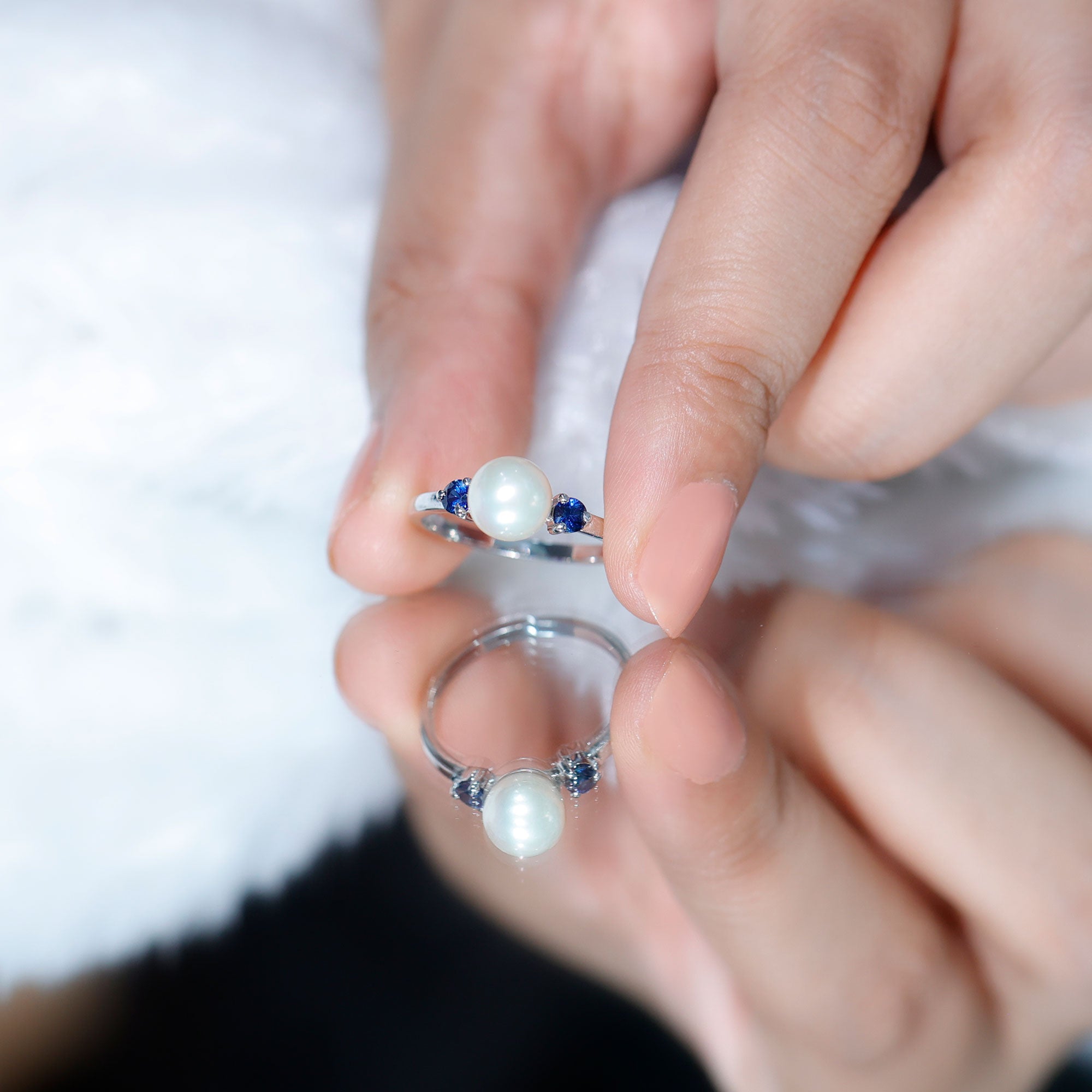 Rosec Jewels-Cultured Freshwater Pearl Engagement Ring with Blue Sapphire