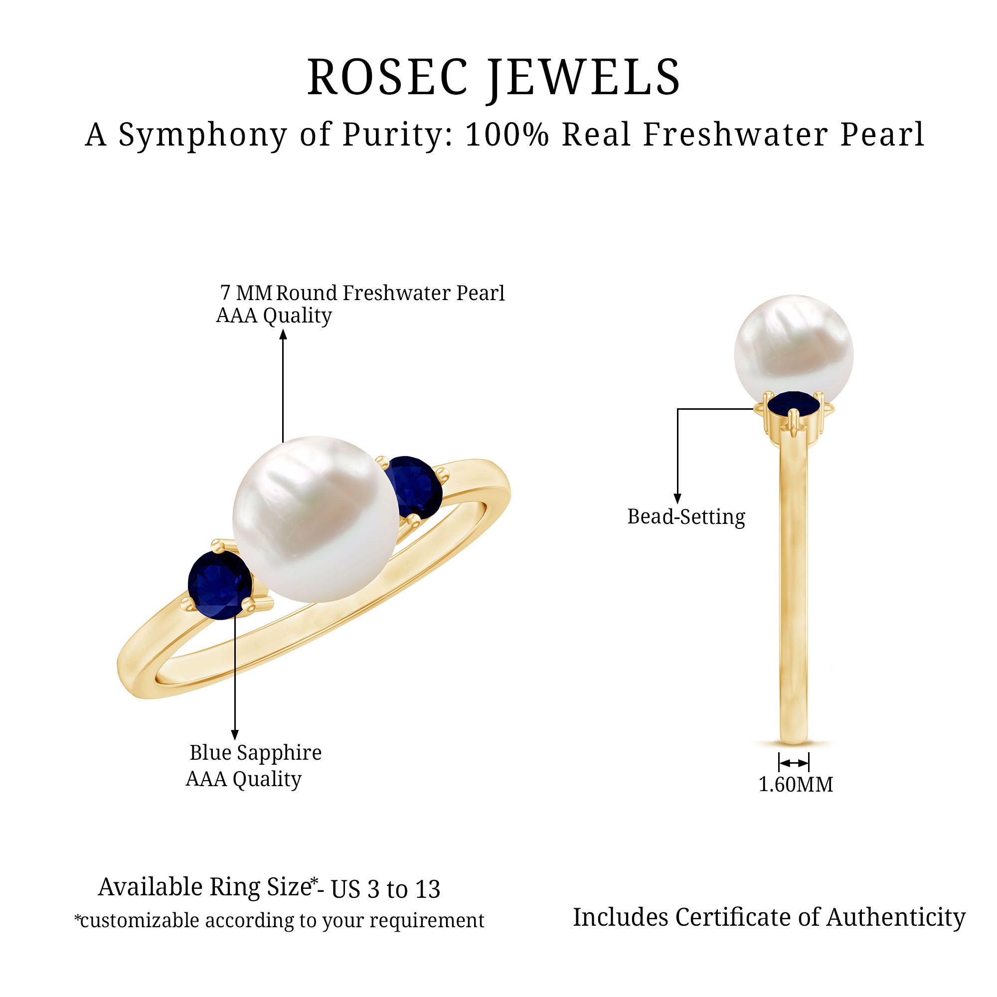 Rosec Jewels-Cultured Freshwater Pearl Engagement Ring with Blue Sapphire