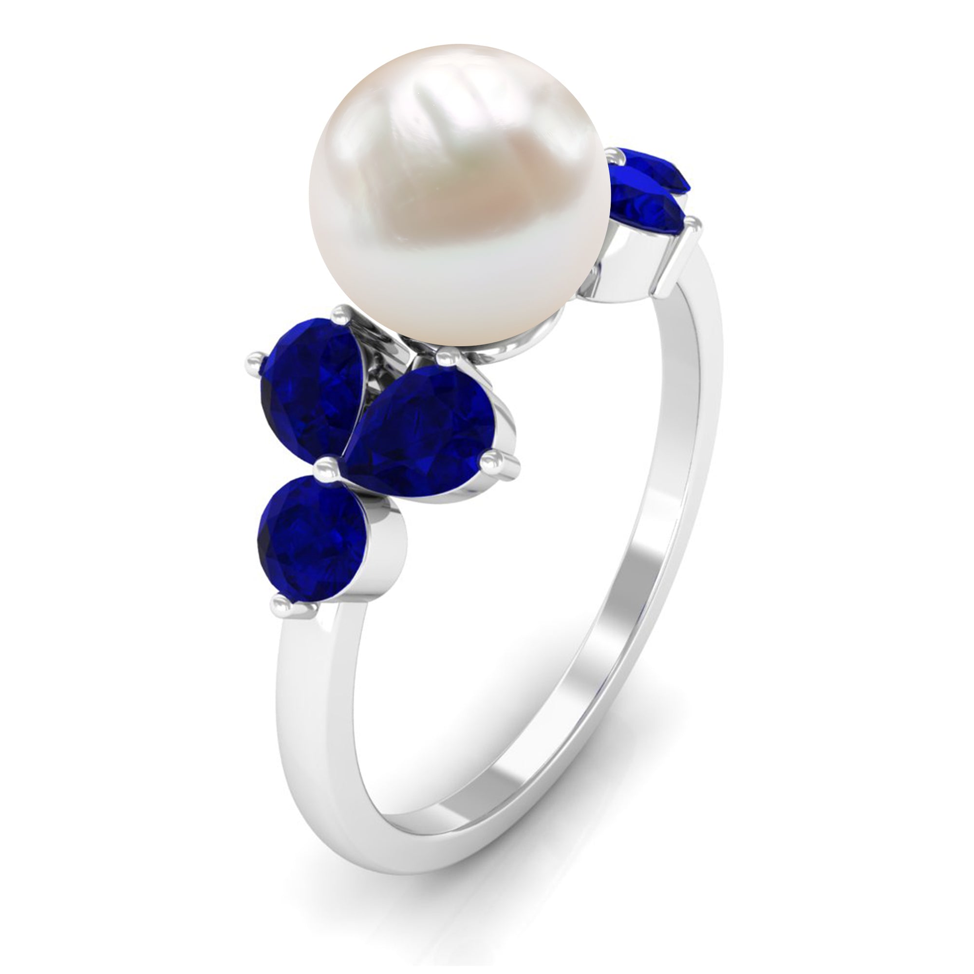 Rosec Jewels-Natural 7.4 Carat Freshwater Pearl Engagement Ring with Blue Sapphire Trio