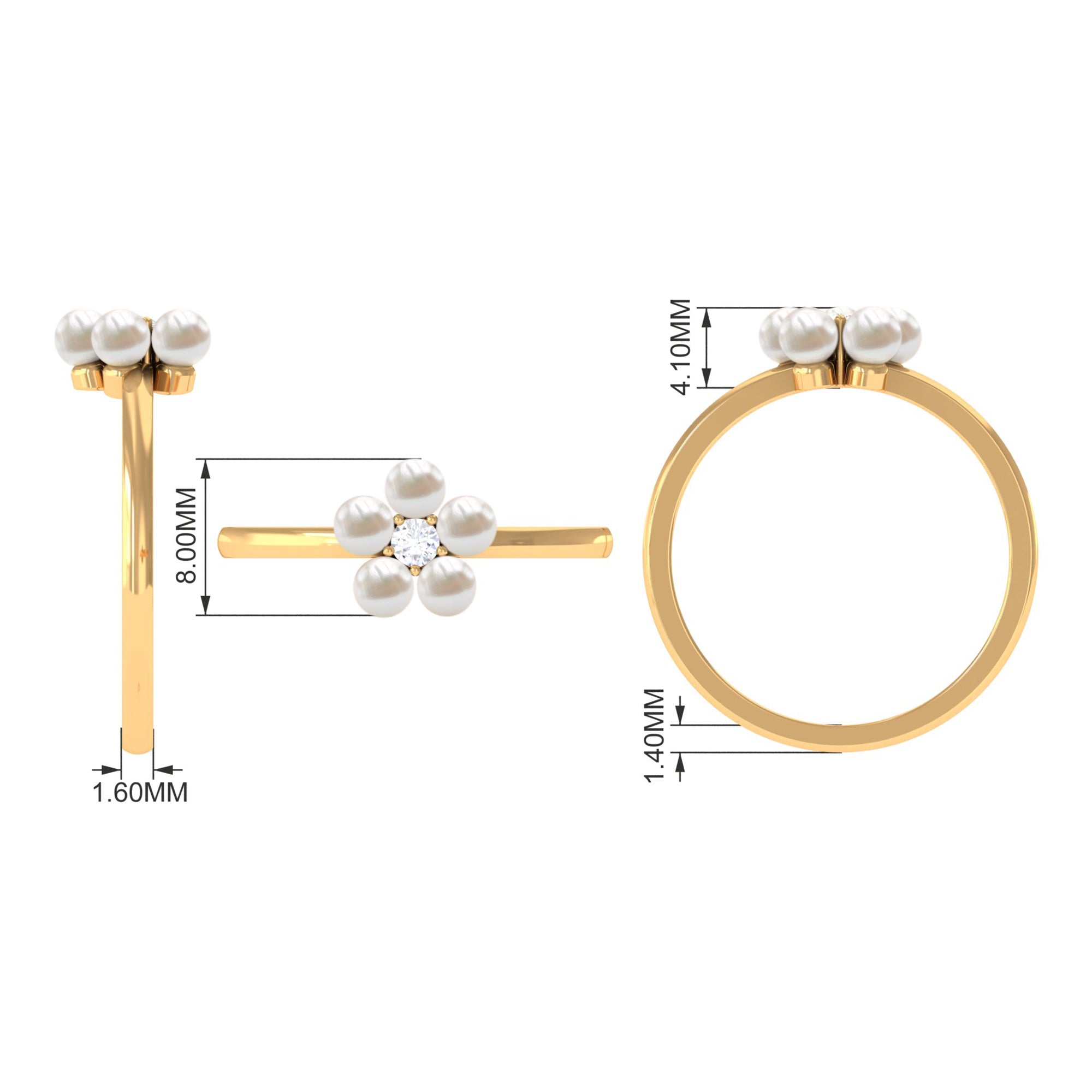 Rosec Jewels-Cultured Freshwater Pearl Flower Promise Ring with Lab Diamond