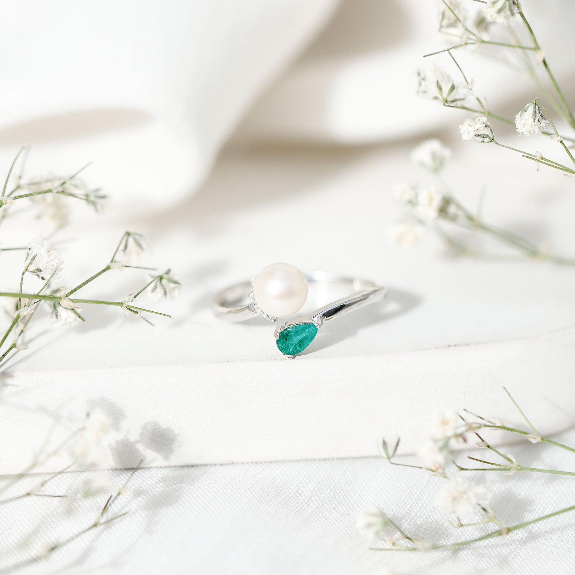 Rosec Jewels-Cultured Freshwater Pearl and Emerald Toi Et Moi Promise Ring
