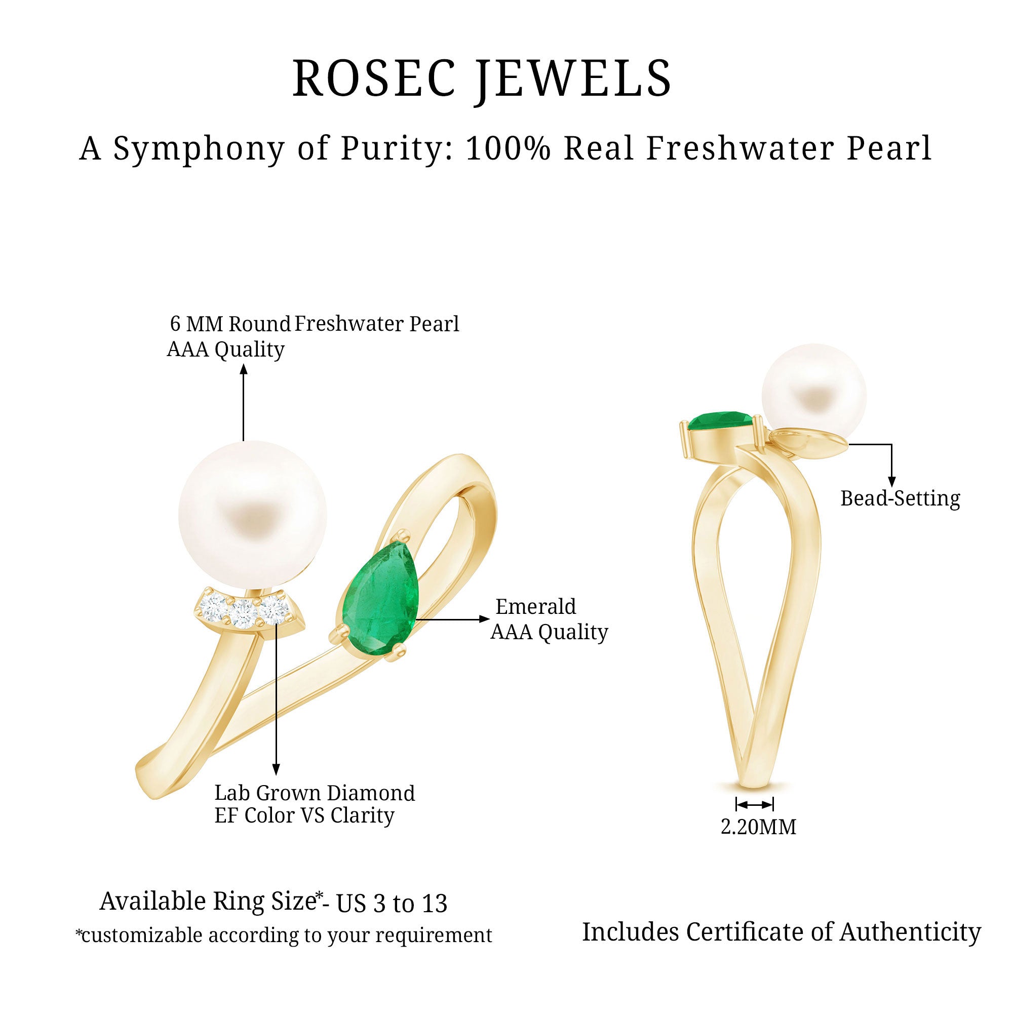 Rosec Jewels-Cultured Freshwater Pearl and Emerald Toi Et Moi Promise Ring