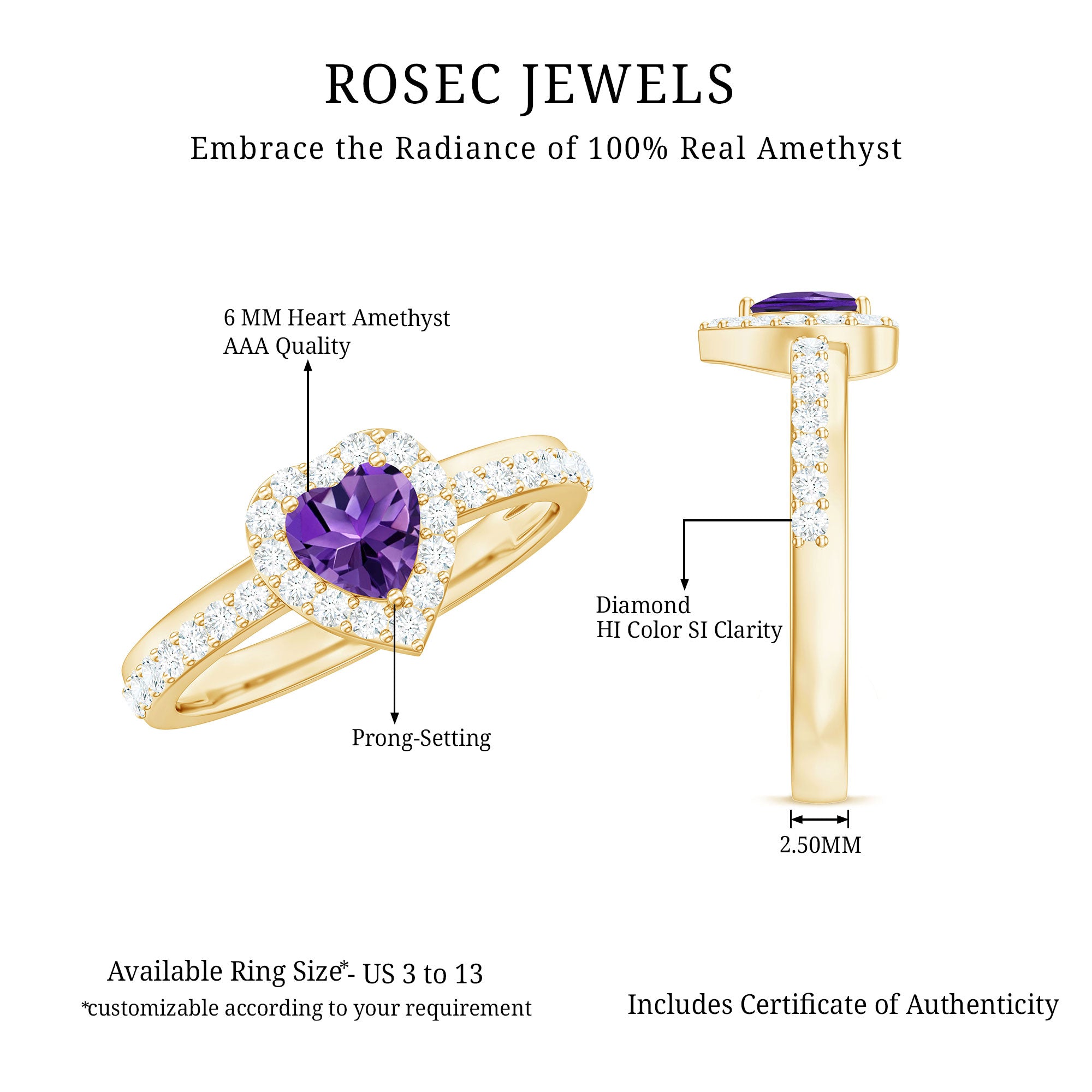 Heart Shape Amethyst and Diamond Halo Engagement Ring AAA - Rosec Jewels