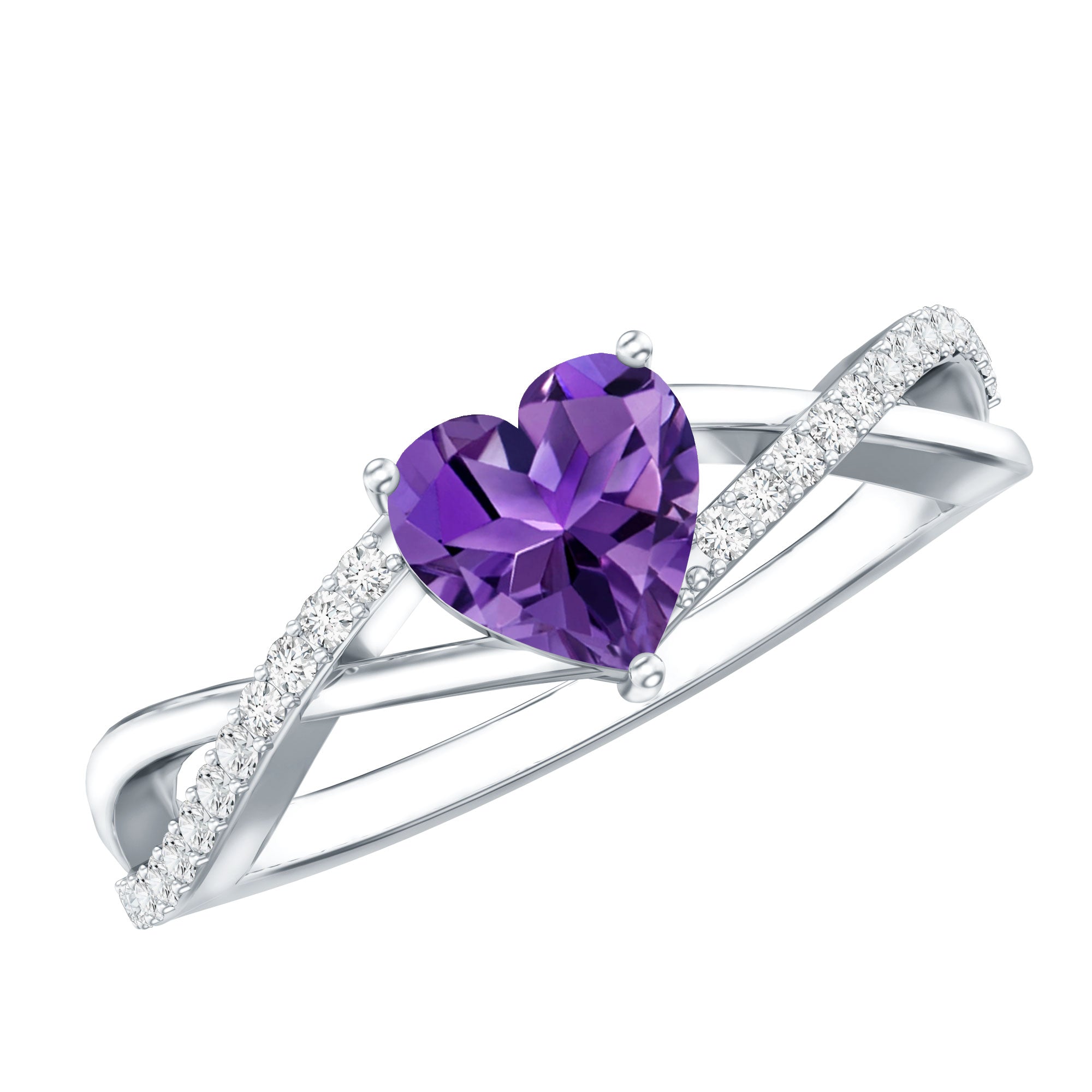 Rosec Jewels-Genuine 0.9 Carat Amethyst Heart Engagement Ring with Diamond Crossover Shank