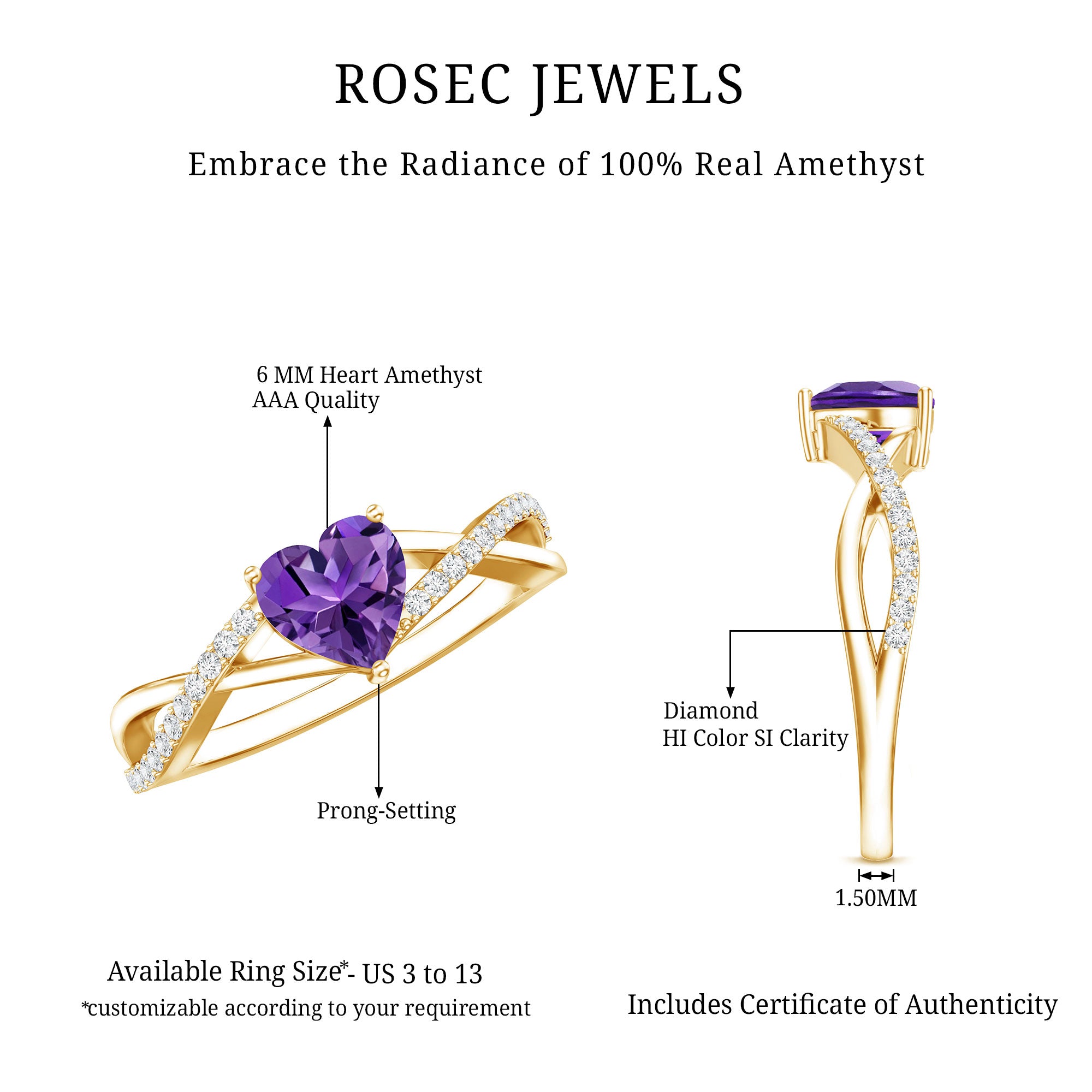 Rosec Jewels-Genuine 0.9 Carat Amethyst Heart Engagement Ring with Diamond Crossover Shank