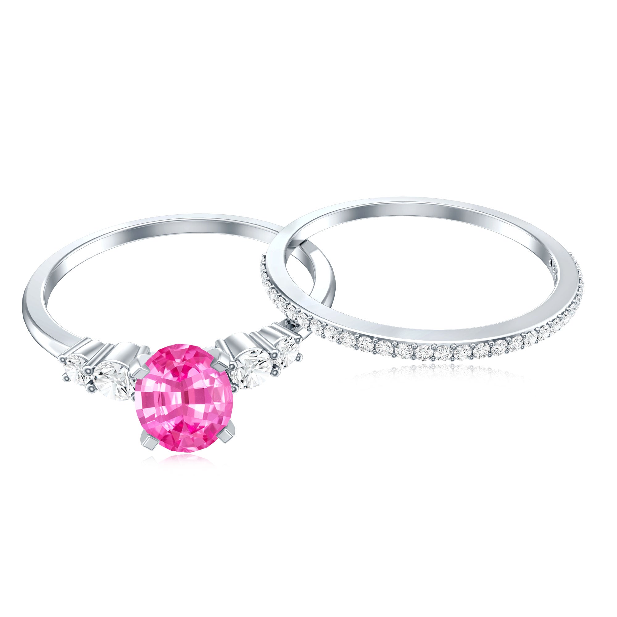 1.50 CT Oval Cut Solitaire Created Pink Sapphire Ring Set with Diamond AAAA - Rosec Jewels