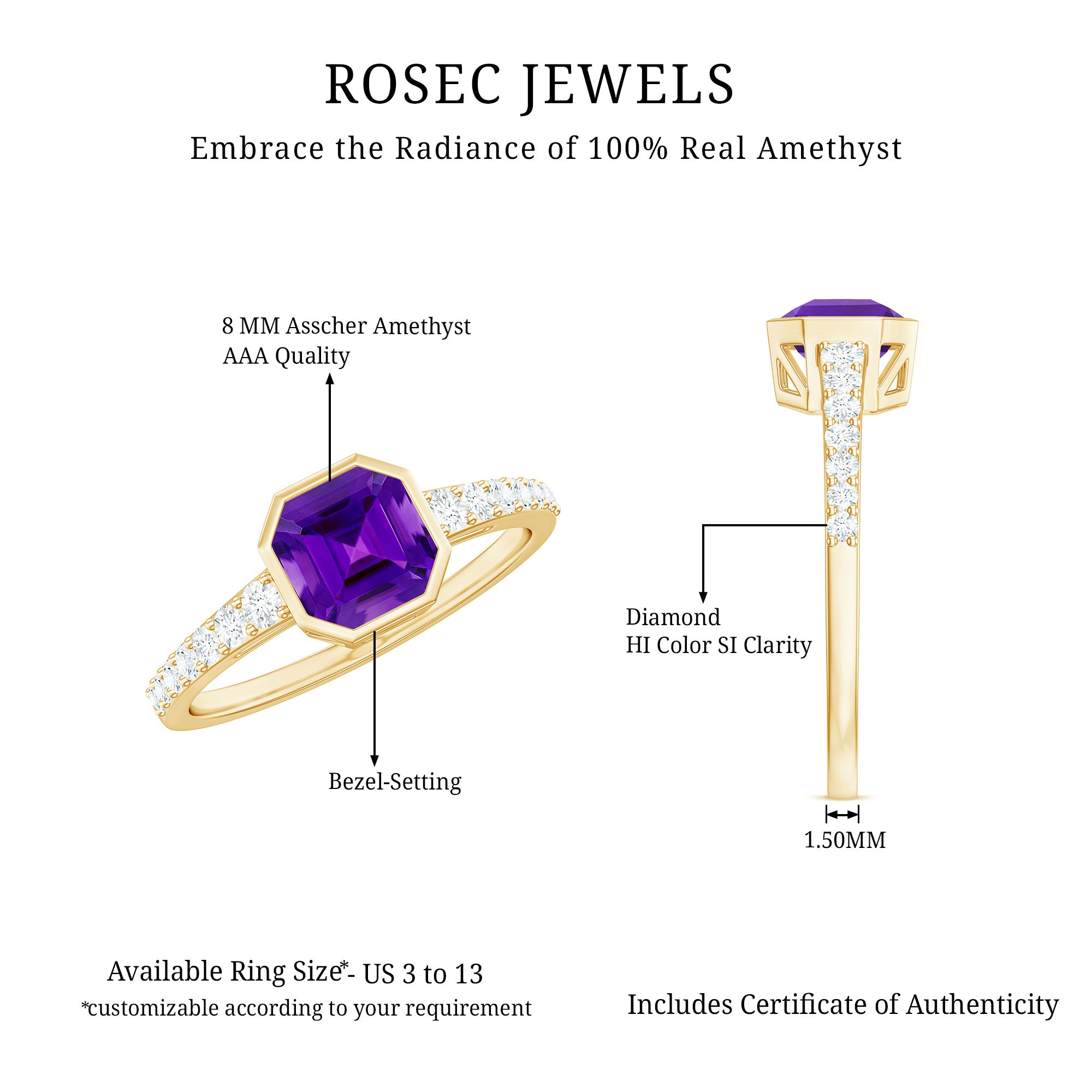 Rosec Jewels-Bezel Asscher Amethyst Solitaire Ring with Diamond Side Stones