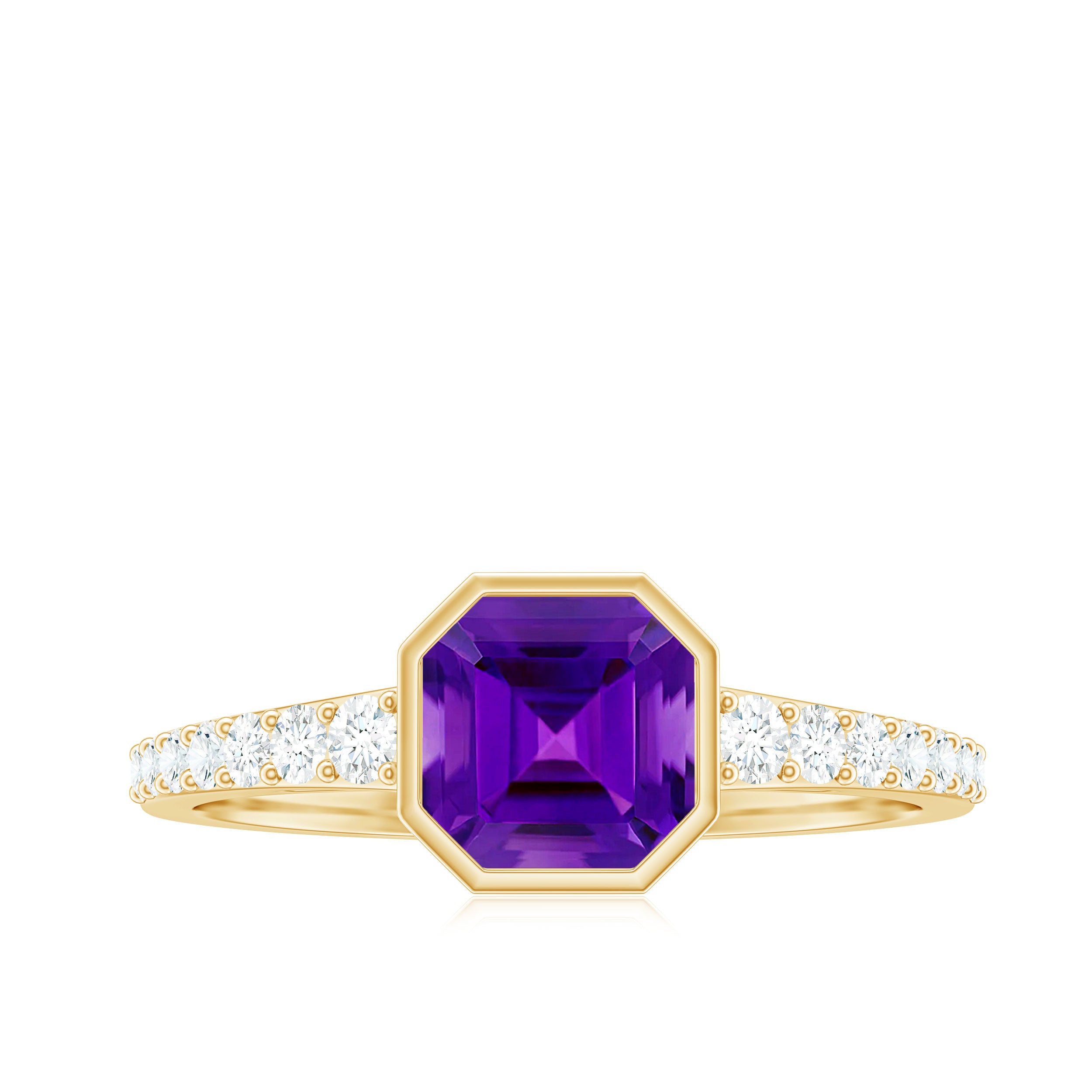 Rosec Jewels-Bezel Asscher Amethyst Solitaire Ring with Diamond Side Stones